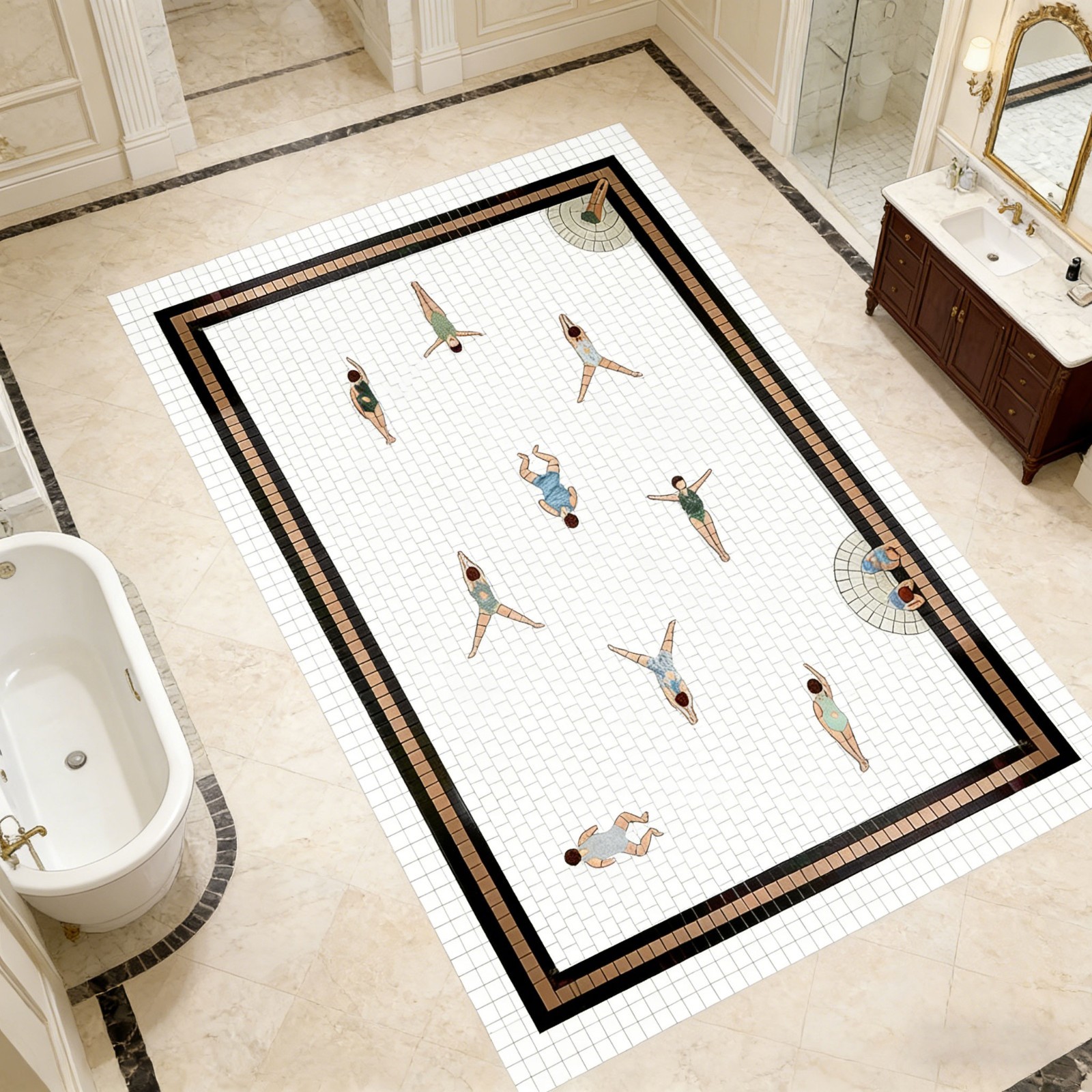 Handmade Custom Swimmers Mosaic Tile Floor – Hand-Cut Poolside & Bathroom Mosaic