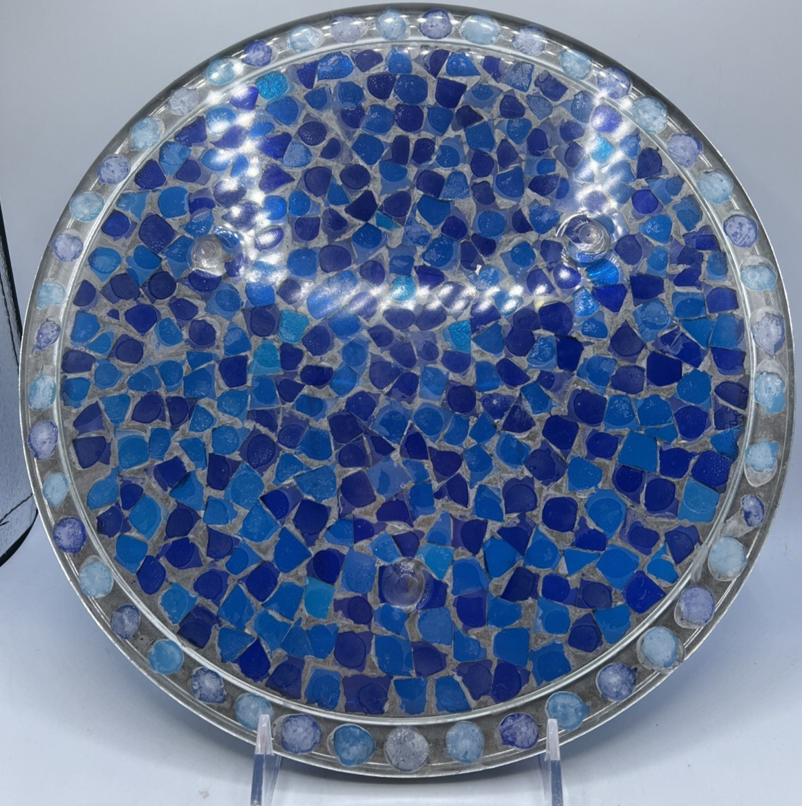 Mosaic Art Glass Concrete Round Footed Tray Trivet Platter Decor Patio Garden 11
