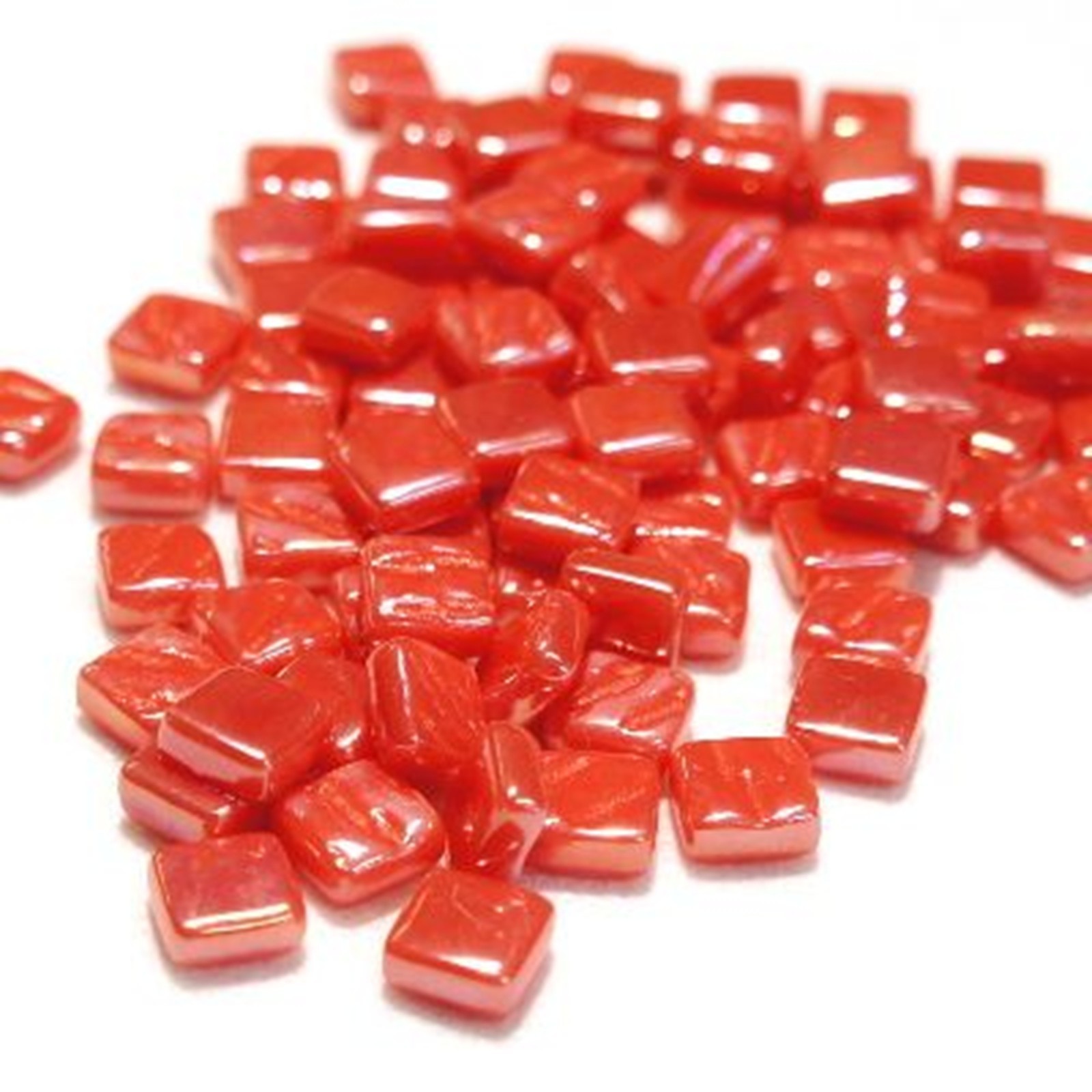 Iridescent Watermelon Red 8 mm Square Recycled Glass Mosaic Pieces – 50 tiles