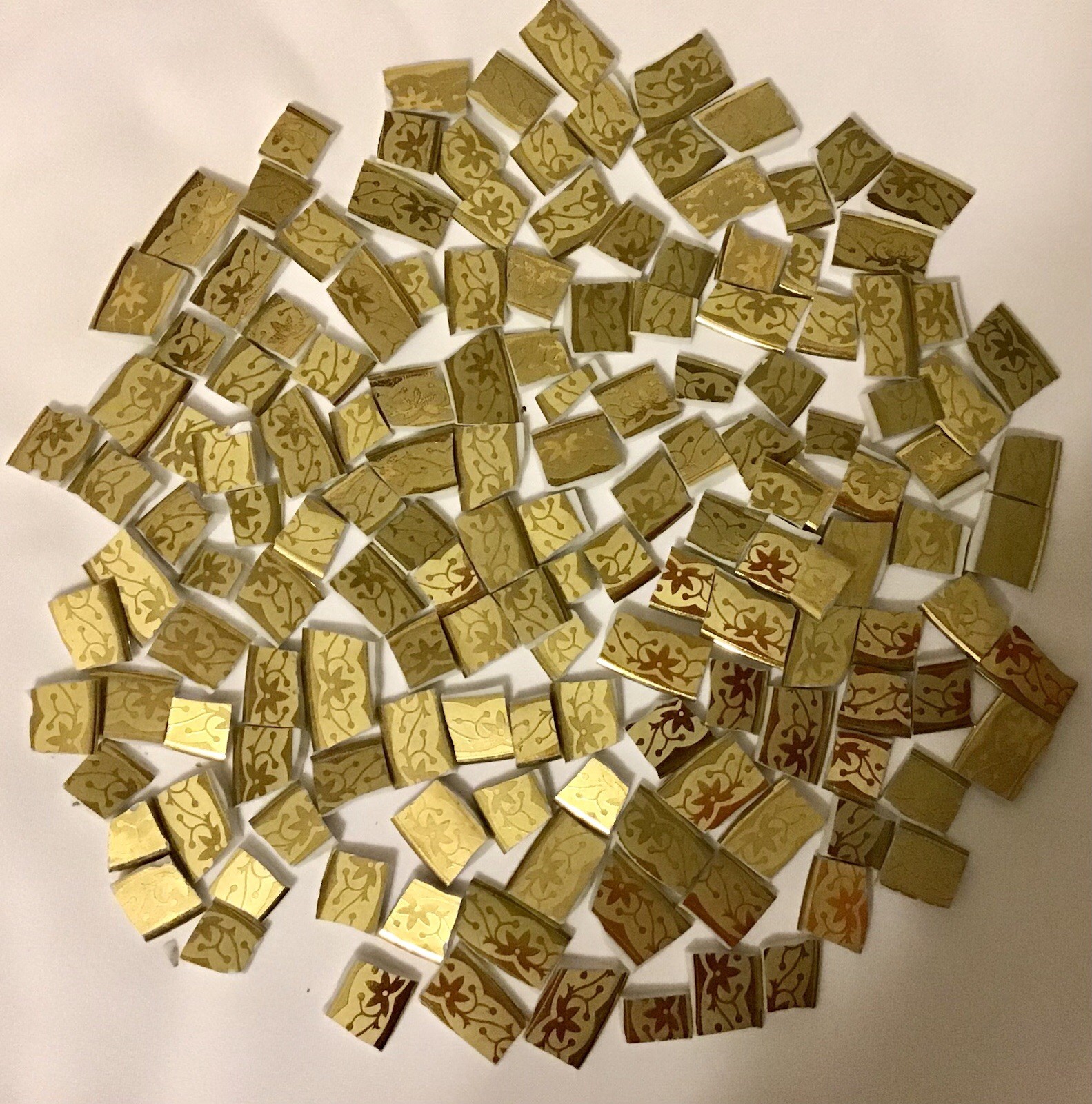 22K Gold tiles. 1″x 1/2″ to 1/2″x 3/8″ hand cut tiles. 140+ tiles 8.4 oz
