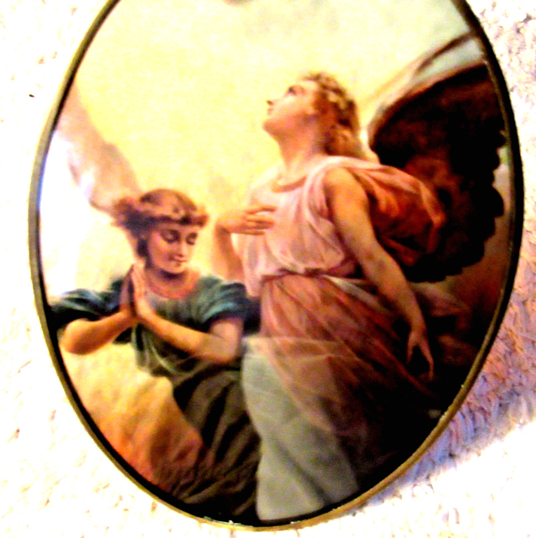 PERFECT & Unique, ITALY, STAINED GLASS ANGELS, Brass Framed w/Attached Chain
