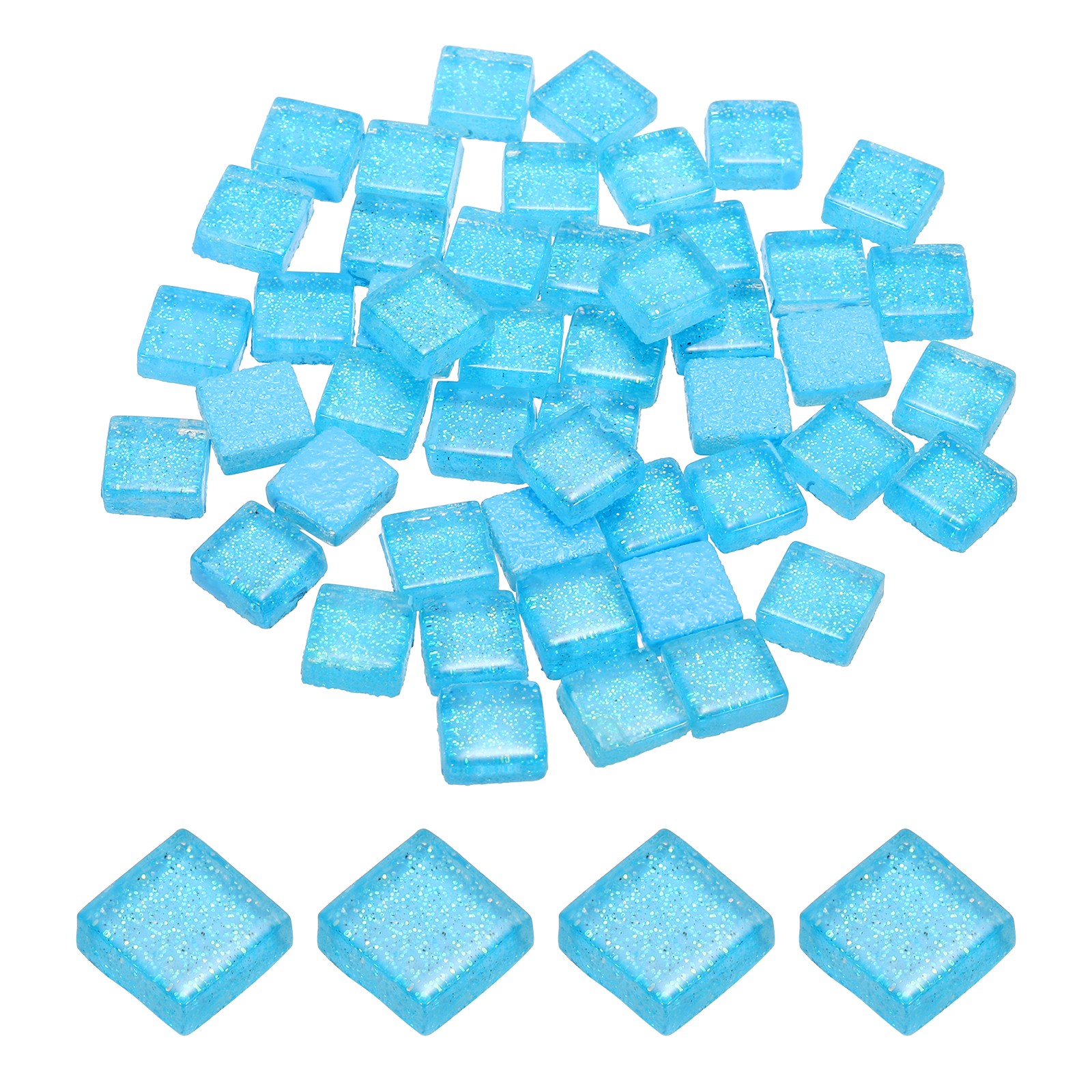 110Pcs 1x1cm Glitter Square Mosaic Tiles Glass, Sky Blue