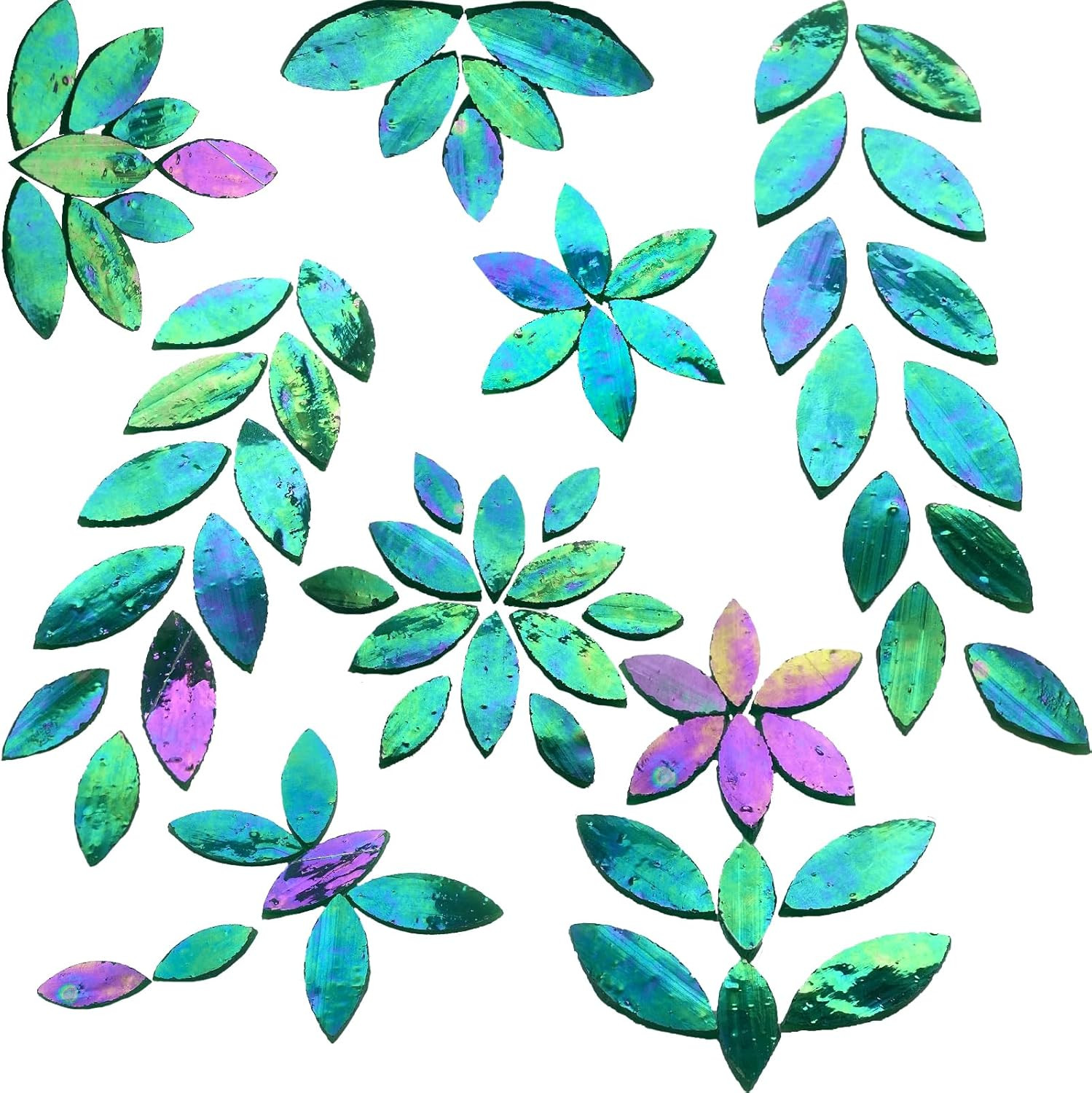 120 Pcs Iridescent Green Floral Mosaic Tiles, Hand Cut Stained Glass Petals, Mix