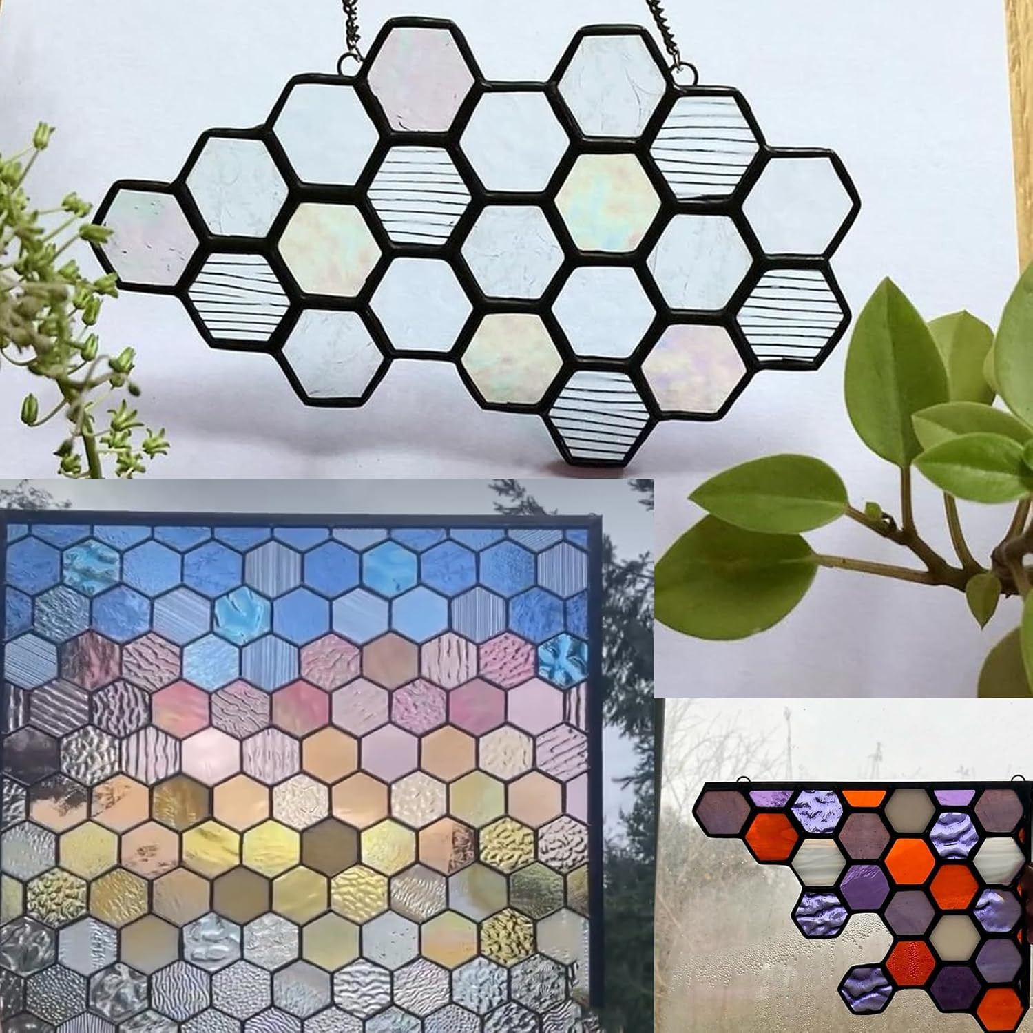 100 Pieces Hexagon Glass Mosaic Tiles for Crafts, Clear Iridescent Stained Glass