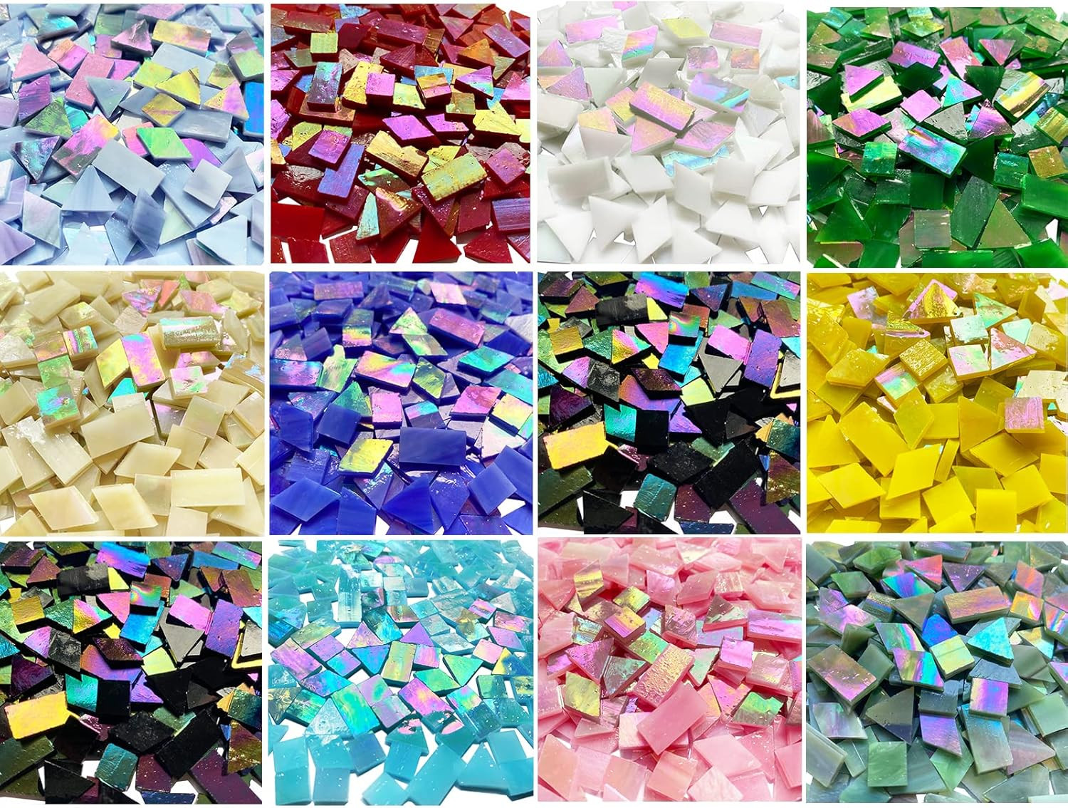 510 Pieces Iridescent Glass Mosaic Tiles for Crafts, Mixed 4 Shapes Colorful Sta