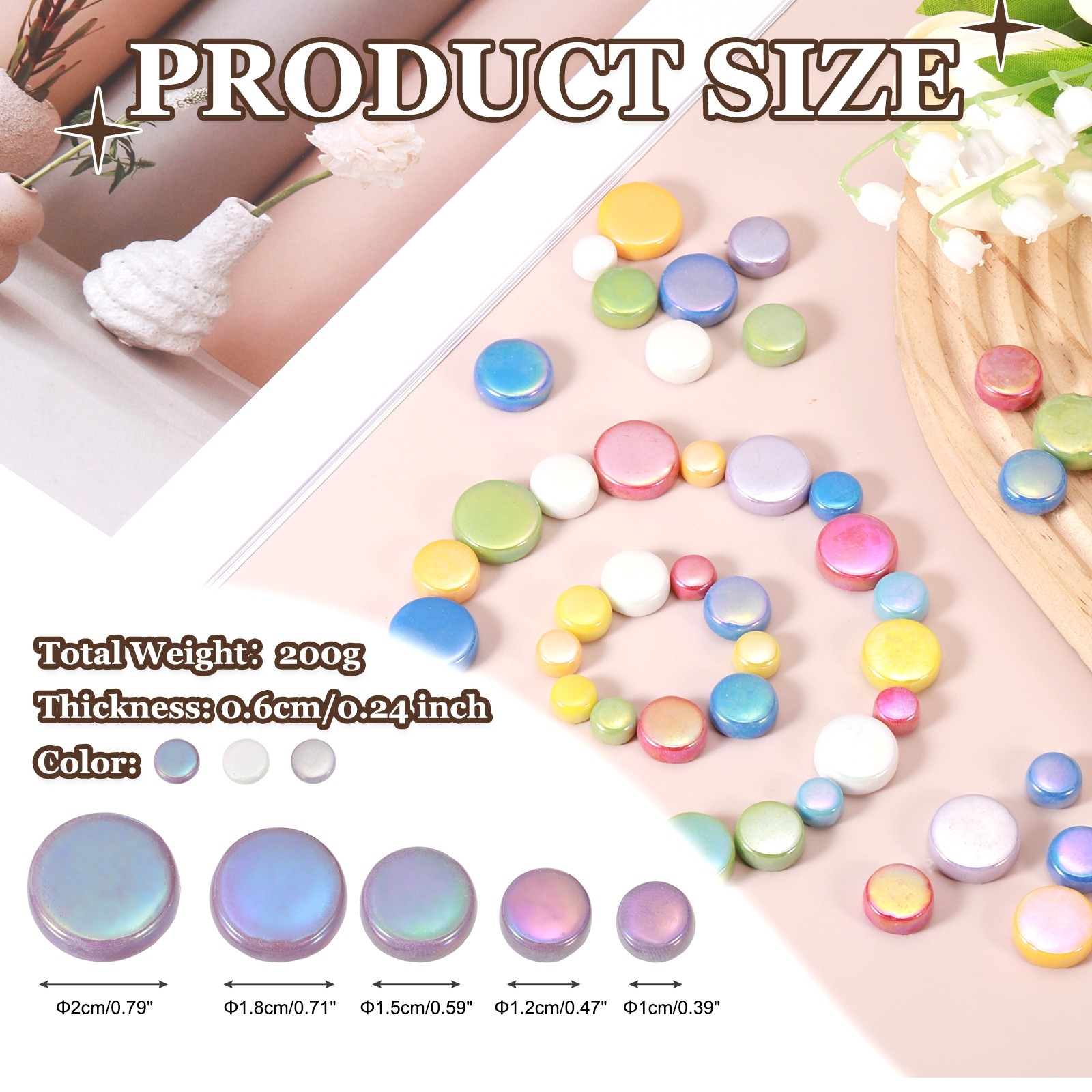 200g Multi-Size Iridescent Round Mosaic Tiles for Crafts (Mixed Purple)
