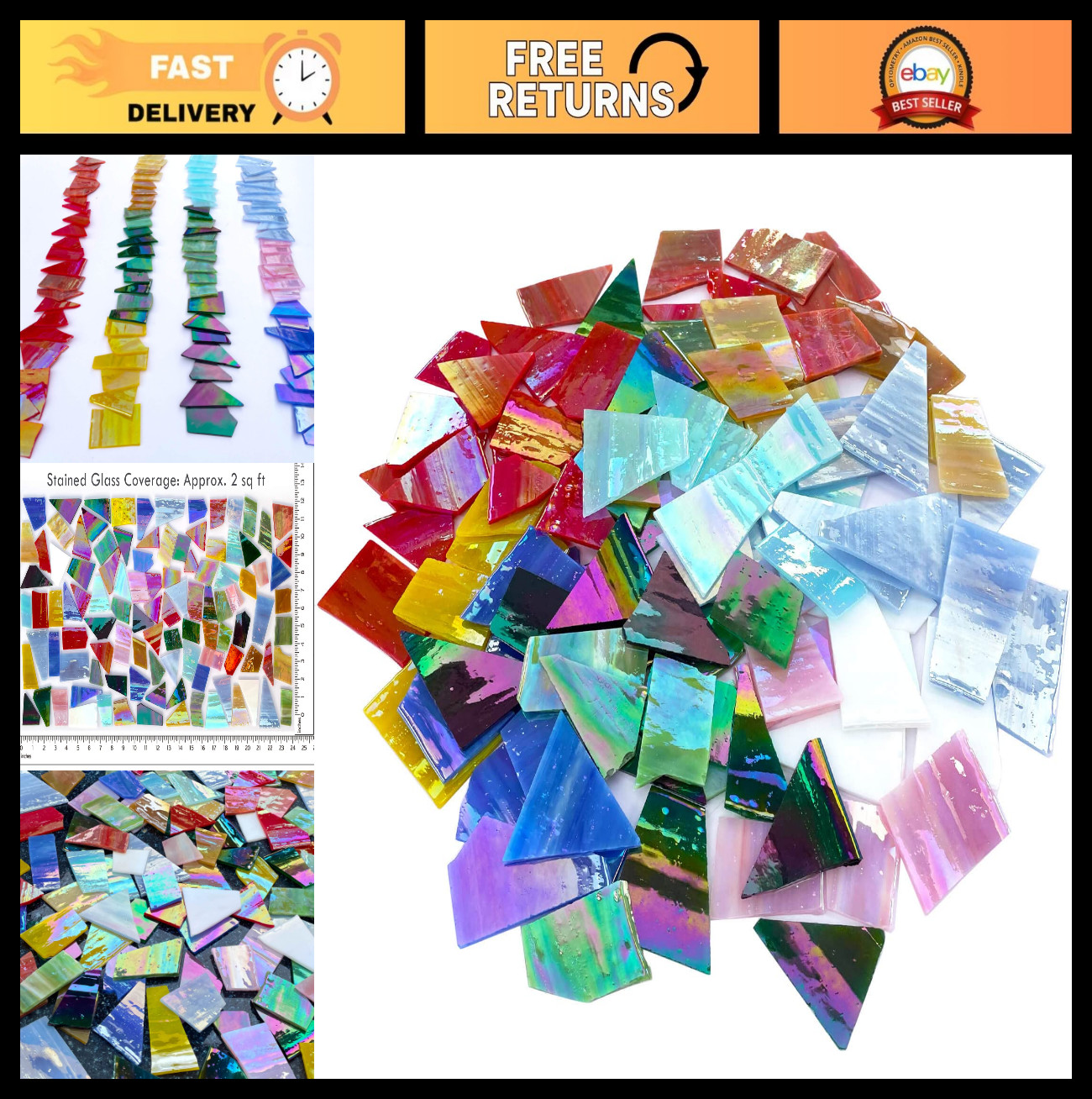 Iridescent Mixed-Color Stained Glass Scraps – Mosaic Tiles & DIY Craft Pieces 2.