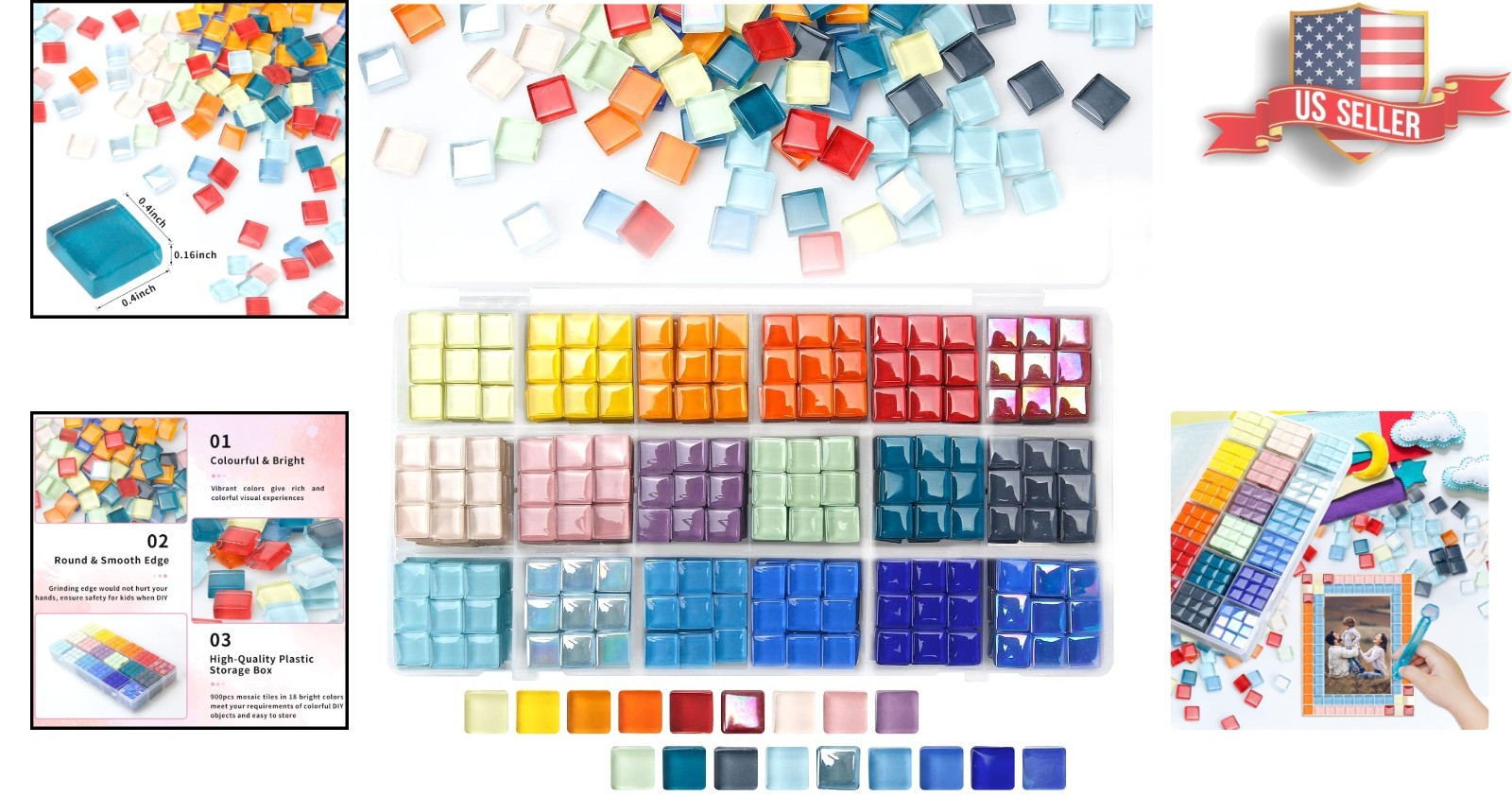 Artisan’s Dream: 900 Polished Glass Mosaic Tiles in 18 Colors with Storage Box