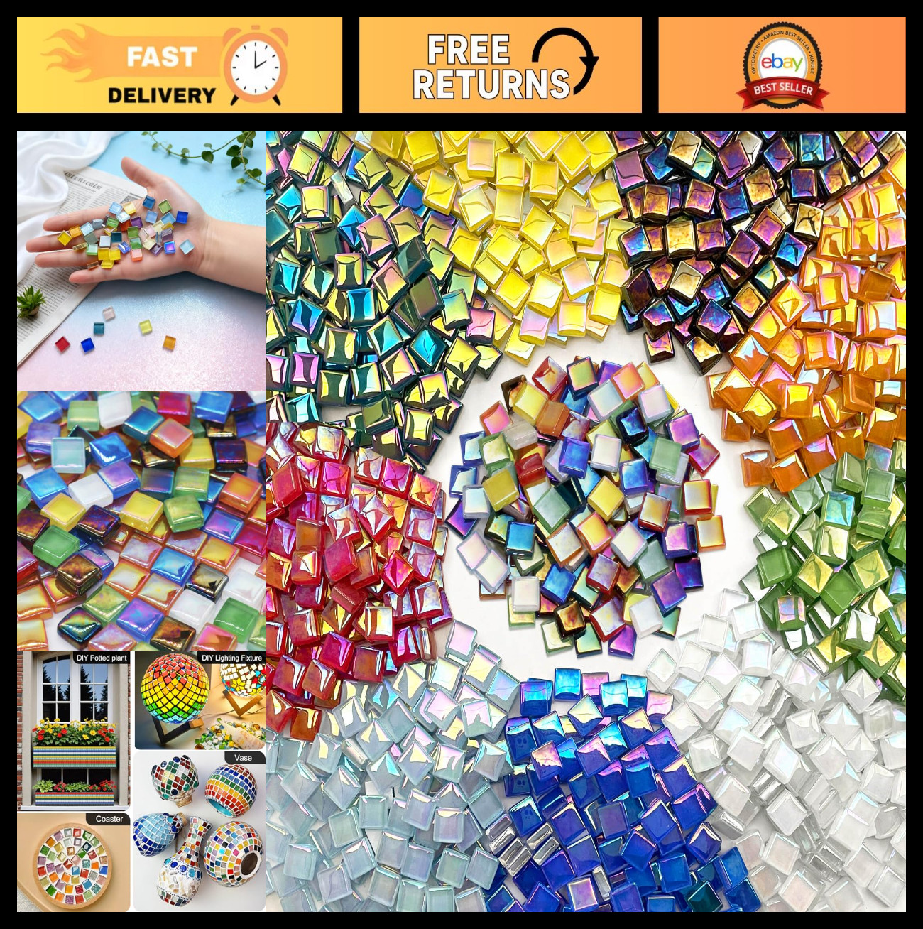 1100pcs Iridescent Crystal Glass Mosaic Tiles – 0.4″ Square Craft Supplies for D