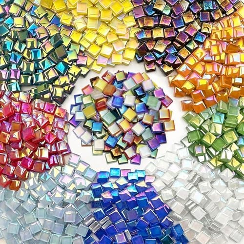 1100pcs Iridescent Crystal Glass Mosaic Tiles – 0.4″ Square Craft Supplies for D