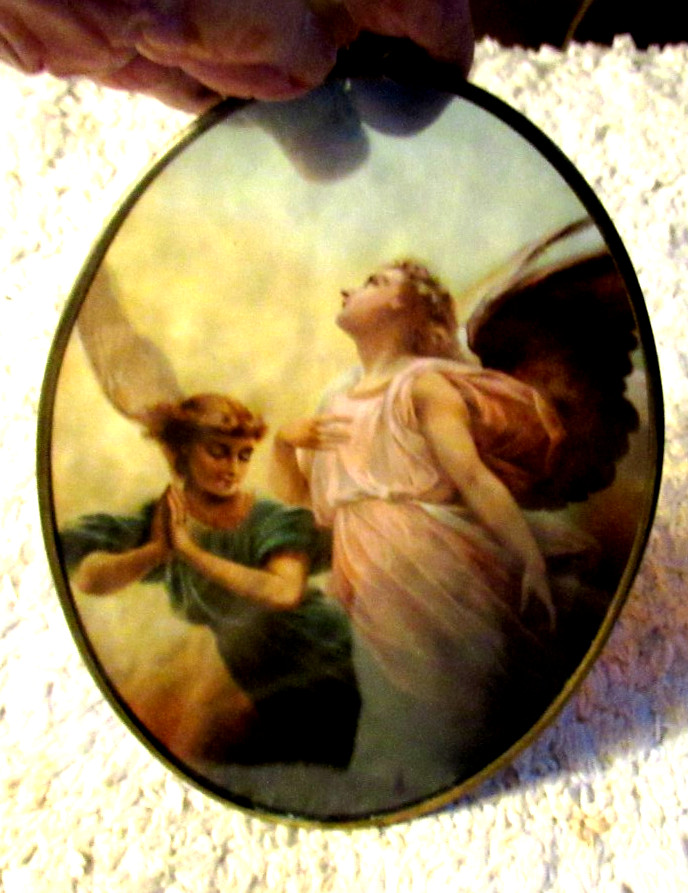 PERFECT & Unique, ITALY, STAINED GLASS ANGELS, Brass Framed w/Attached Chain