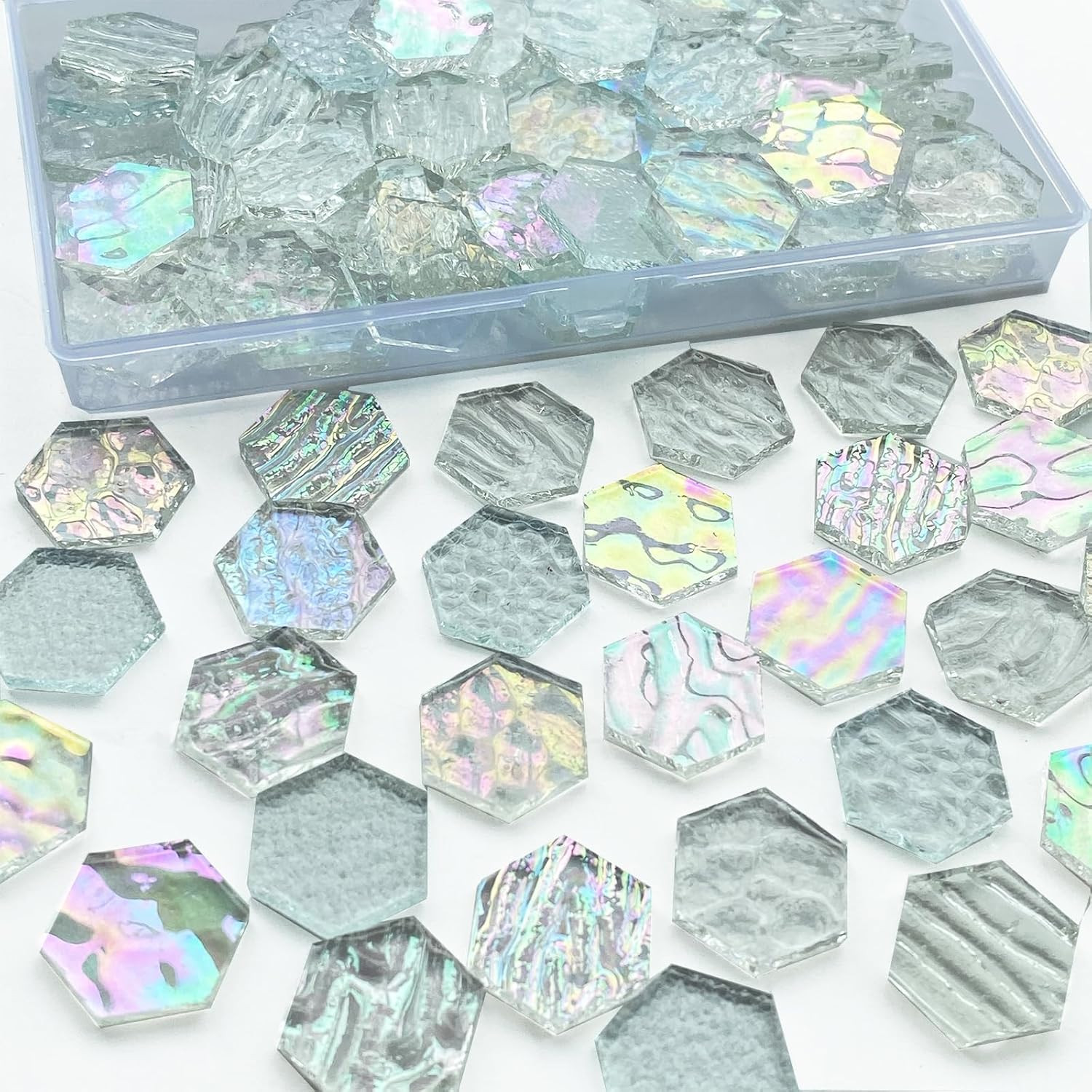 100 Pieces Hexagon Glass Mosaic Tiles for Crafts, Clear Iridescent Stained Glass