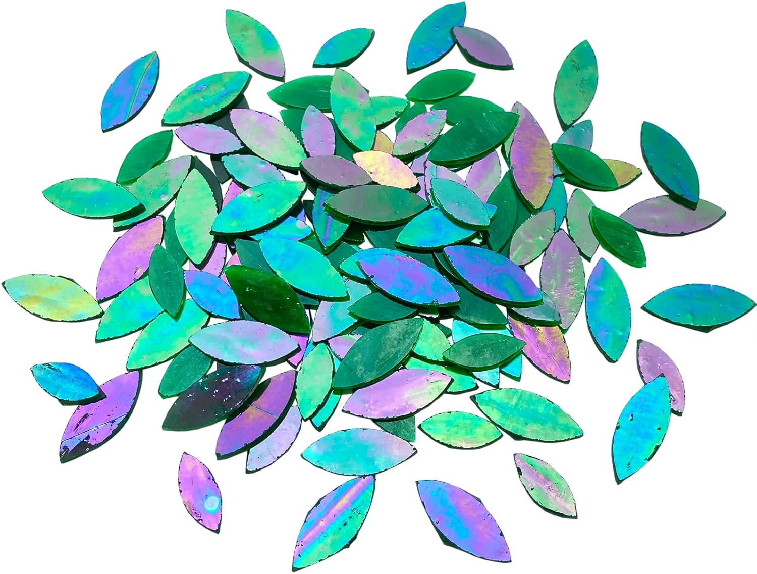 120 Pcs Iridescent Green Floral Mosaic Tiles, Hand Cut Stained Glass Petals, Mix