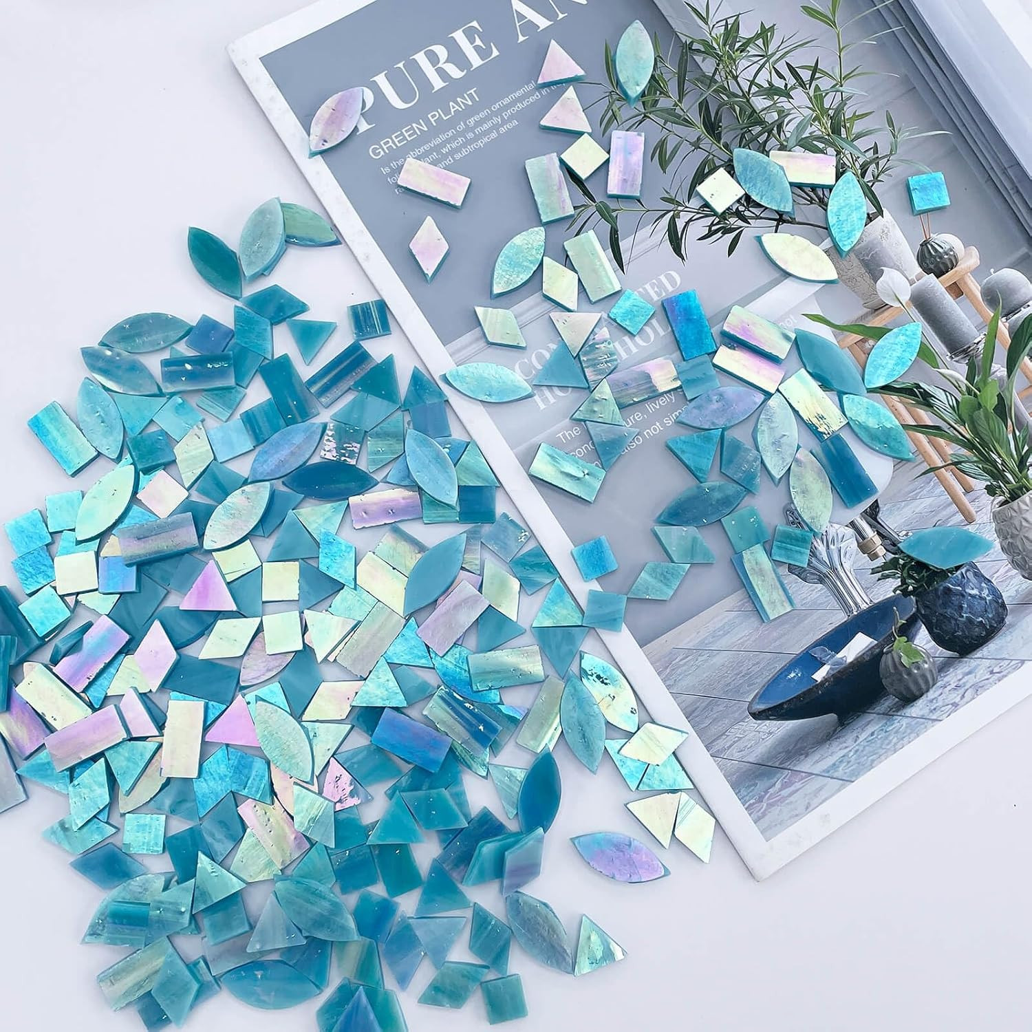 LITMIND Iridescent Skyblue Stained Glass Mosaic Tiles for Crafts – 240 Pieces