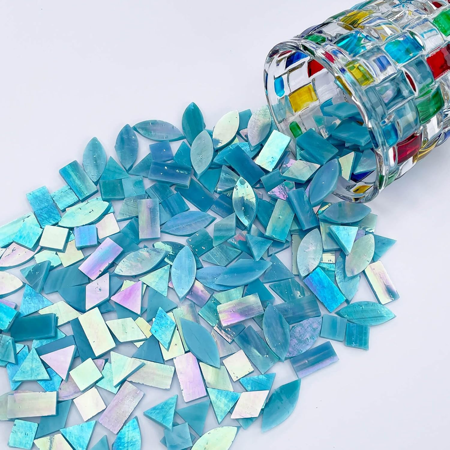 LITMIND Iridescent Skyblue Stained Glass Mosaic Tiles for Crafts – 240 Pieces