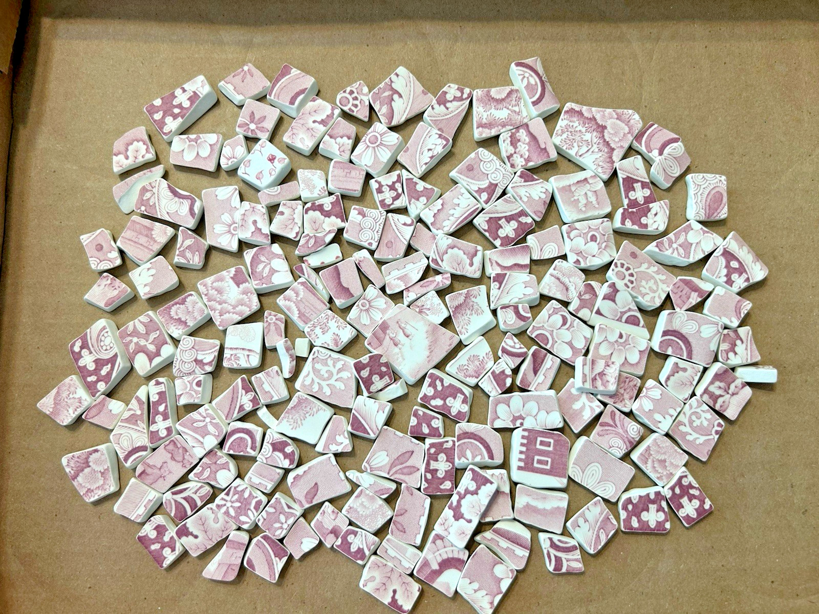 Broken China Plate Mosaic Pink Red Floral Landscape Transferware #2