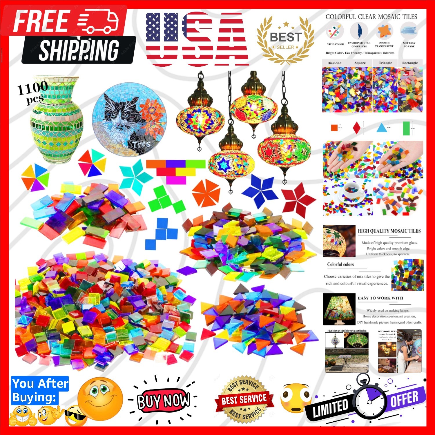 1100 Pcs Mosaic Tiles, Glass Mosaic Tiles for Crafts Bulk, Stained Mosaic Gla…