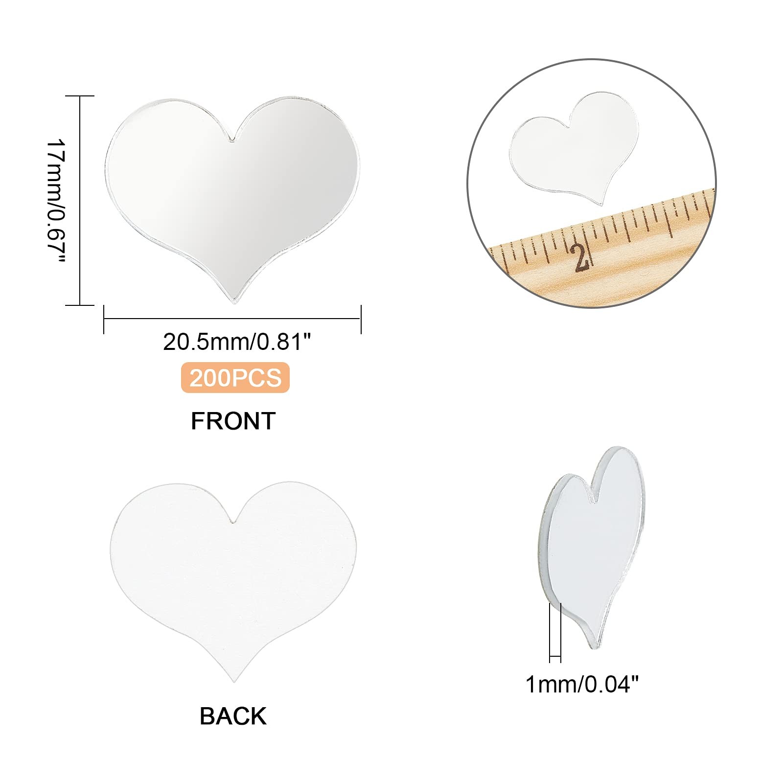 PH PandaHall Mirror Tiles, 200pcs Adhesive Peel/Stick Small Heart Mirror Mosa…