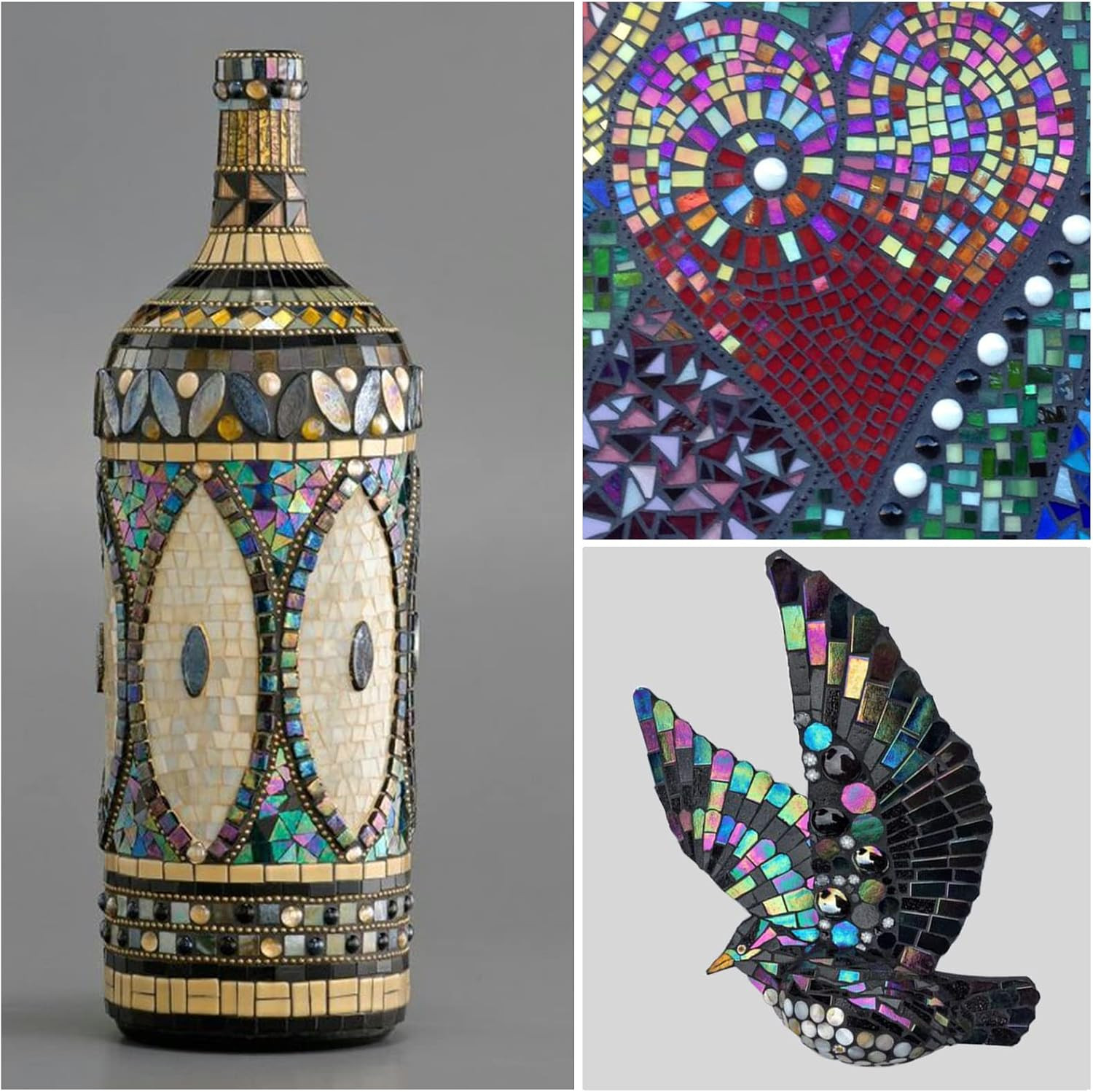 Iridescent Glass Mosaic Tiles for Crafts, 240 Pieces 5 Shapes Mixed