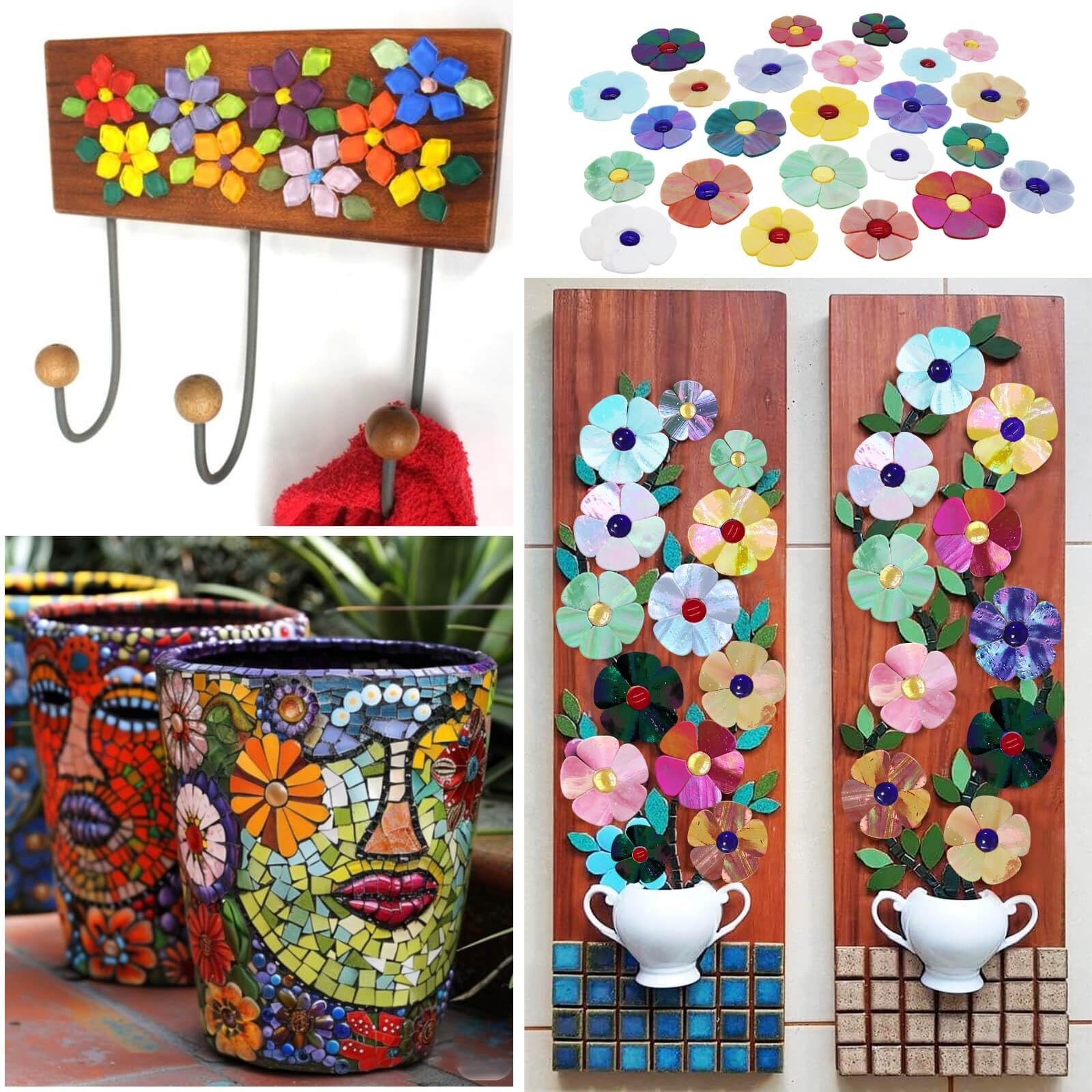 24 Pcs Stained Glass Flower Mosaic Tiles – 12 Iridescent Colors, Large & Smal…