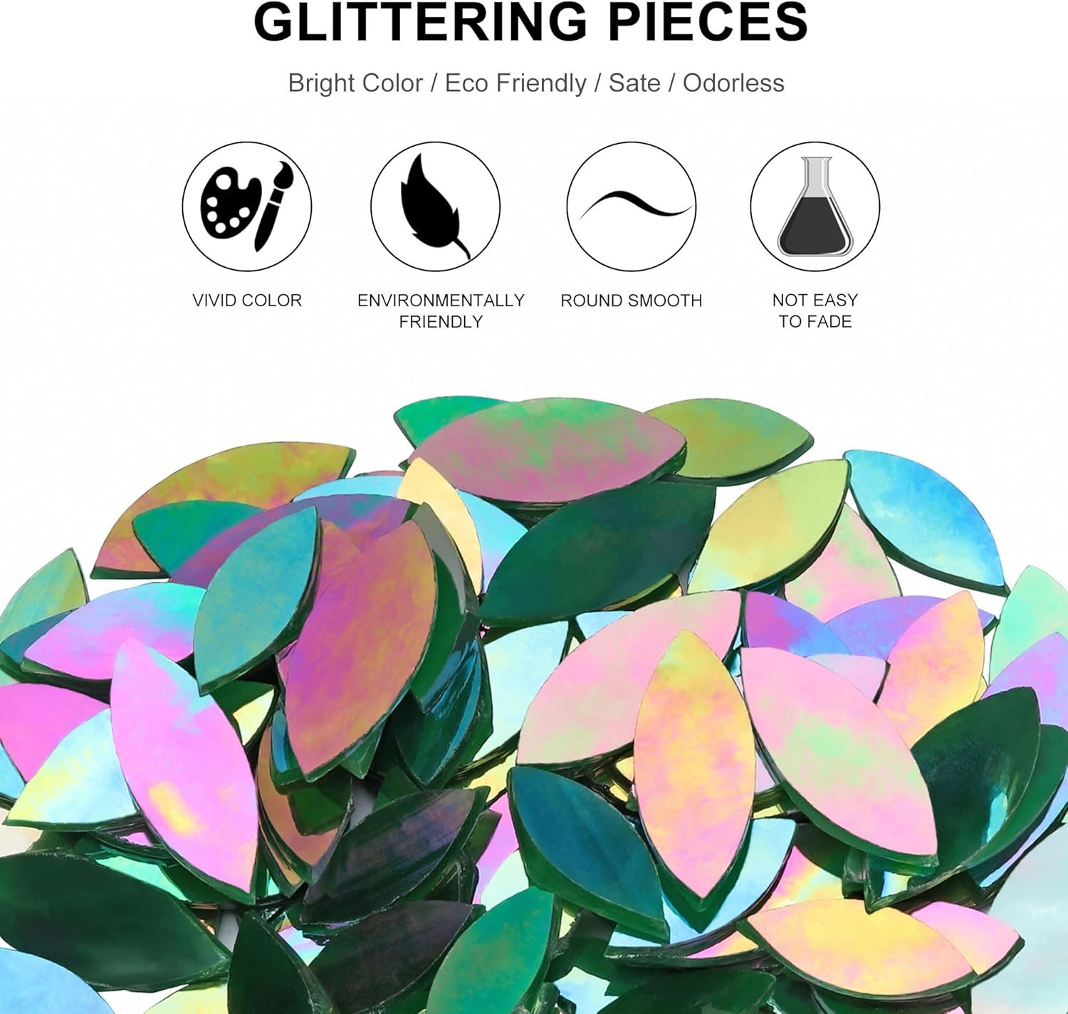 100 Pieces Iridescent Glass Petal Mosaic Tiles, Hand-Cut Green Stained Glass Flo