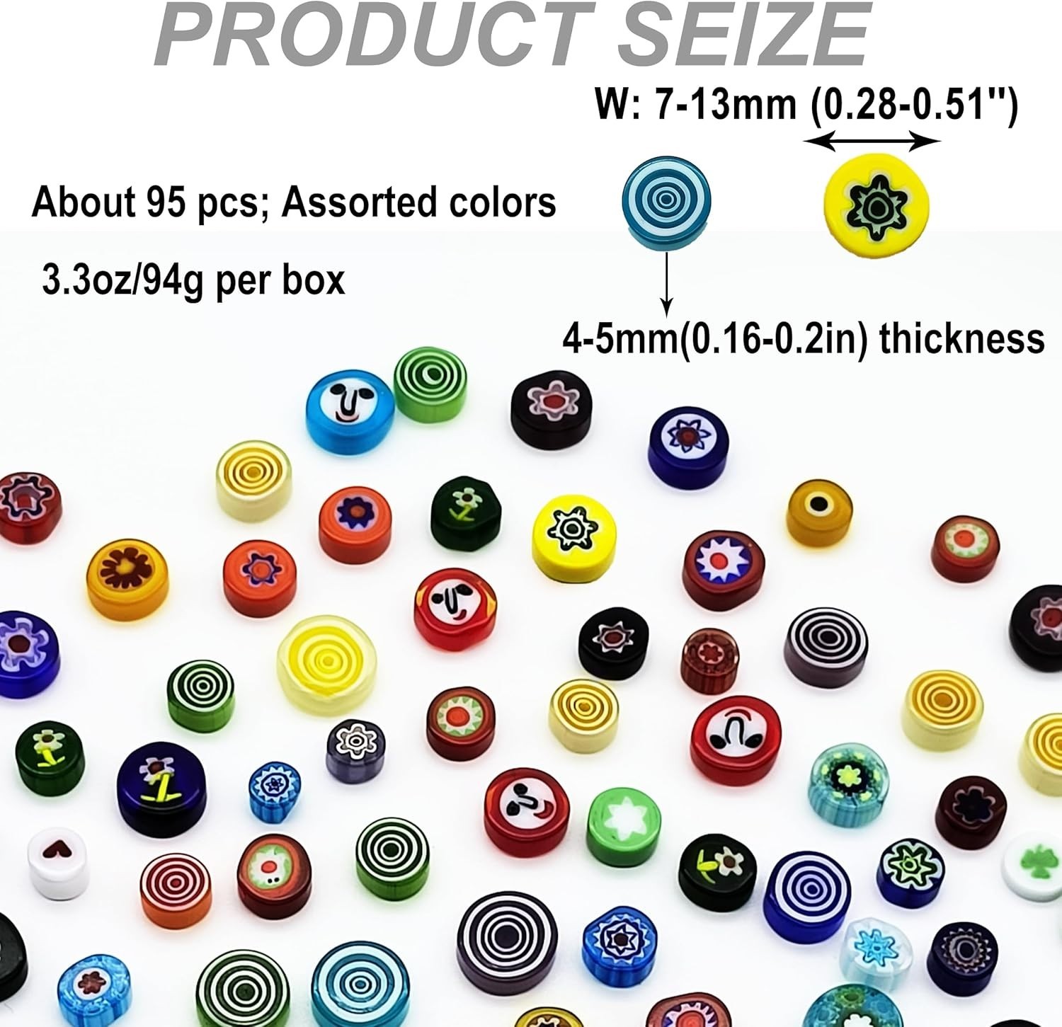Glass Millefiori Mosaic Tiles, 95 Pc, Mixed Pattern, No Hole, 7-13mm