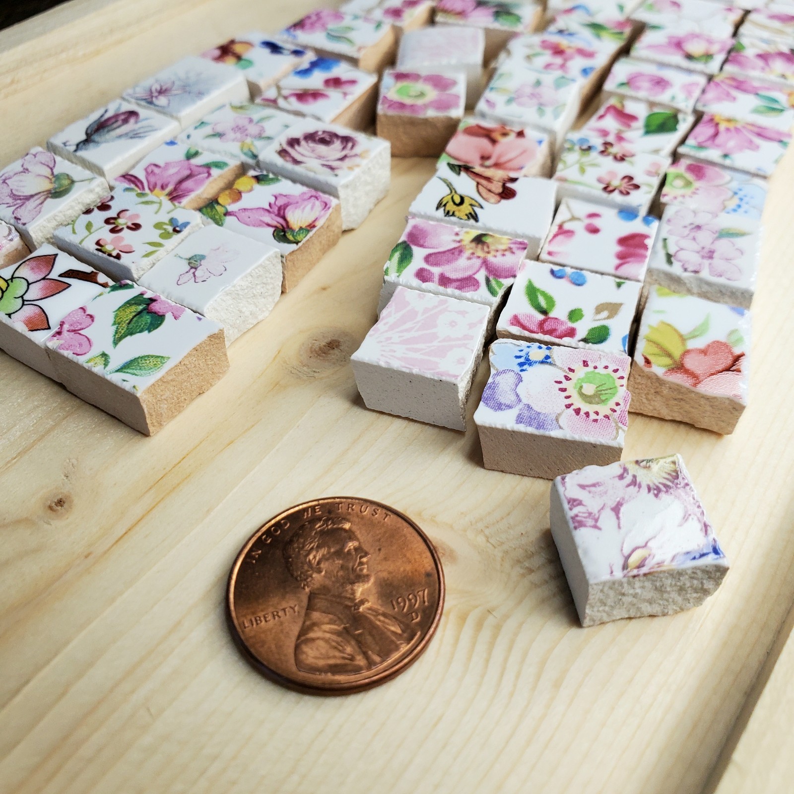 Pink Floral Mosaic Tile Lot, Bulk Ceramic Flower Tiles for Crafts