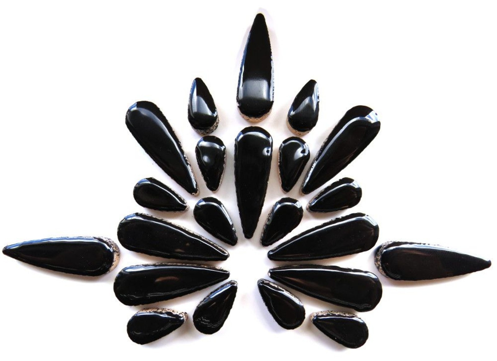 25 Tiles Black Teardrop Ceramic Petals – Mixed Sizes – Mosaic Tile Pieces