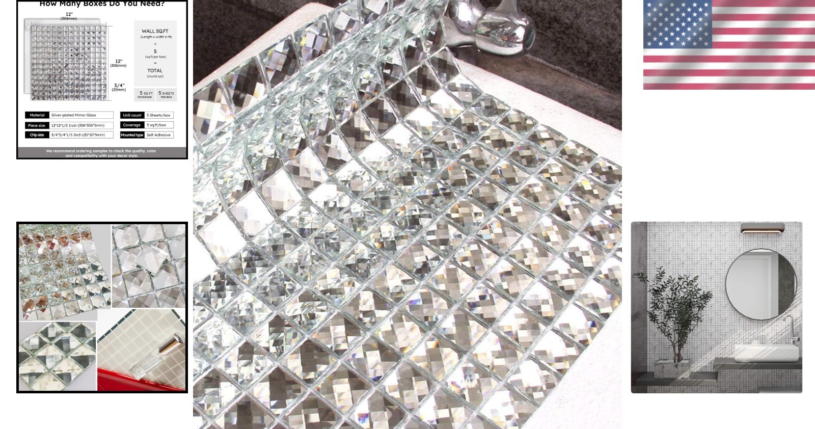 Crystal Diamond Mirror Tile – Peel and Stick, 5 Sheets