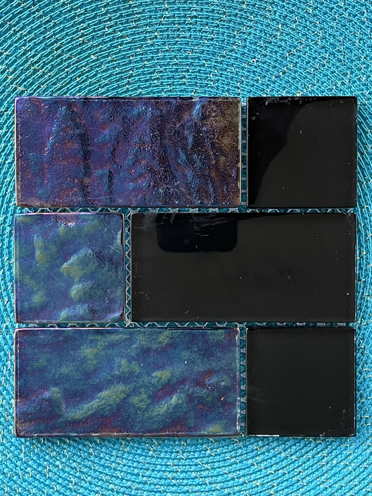 Black Blue Multicolor Glass Mosaic Tile Sheet Assorted Rectangles on Mesh