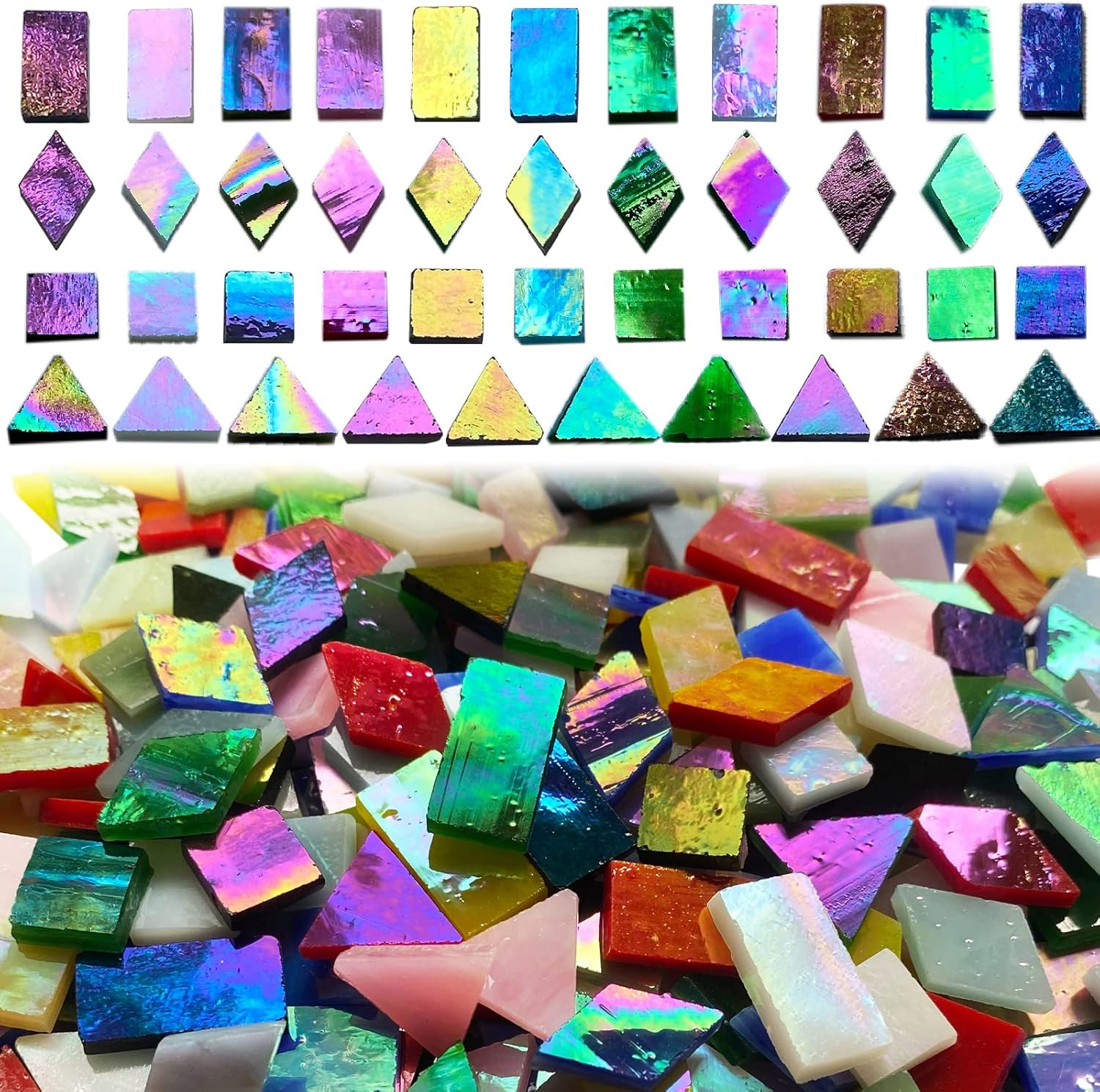 510 Pieces Iridescent Glass Mosaic Tiles for Crafts, Mixed 4 Shapes Colorful Sta
