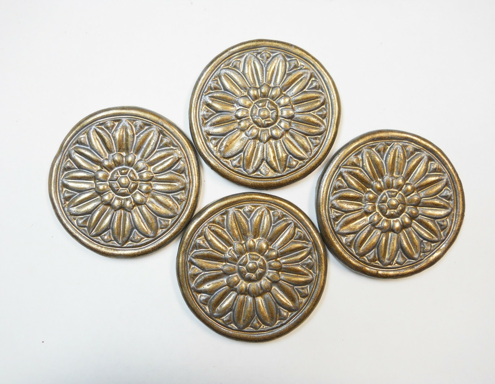 FLORAL MEDALLION TILES Handmade Ceramic Mosaic Tiles, Metallic Old Gold 3″ Set 4