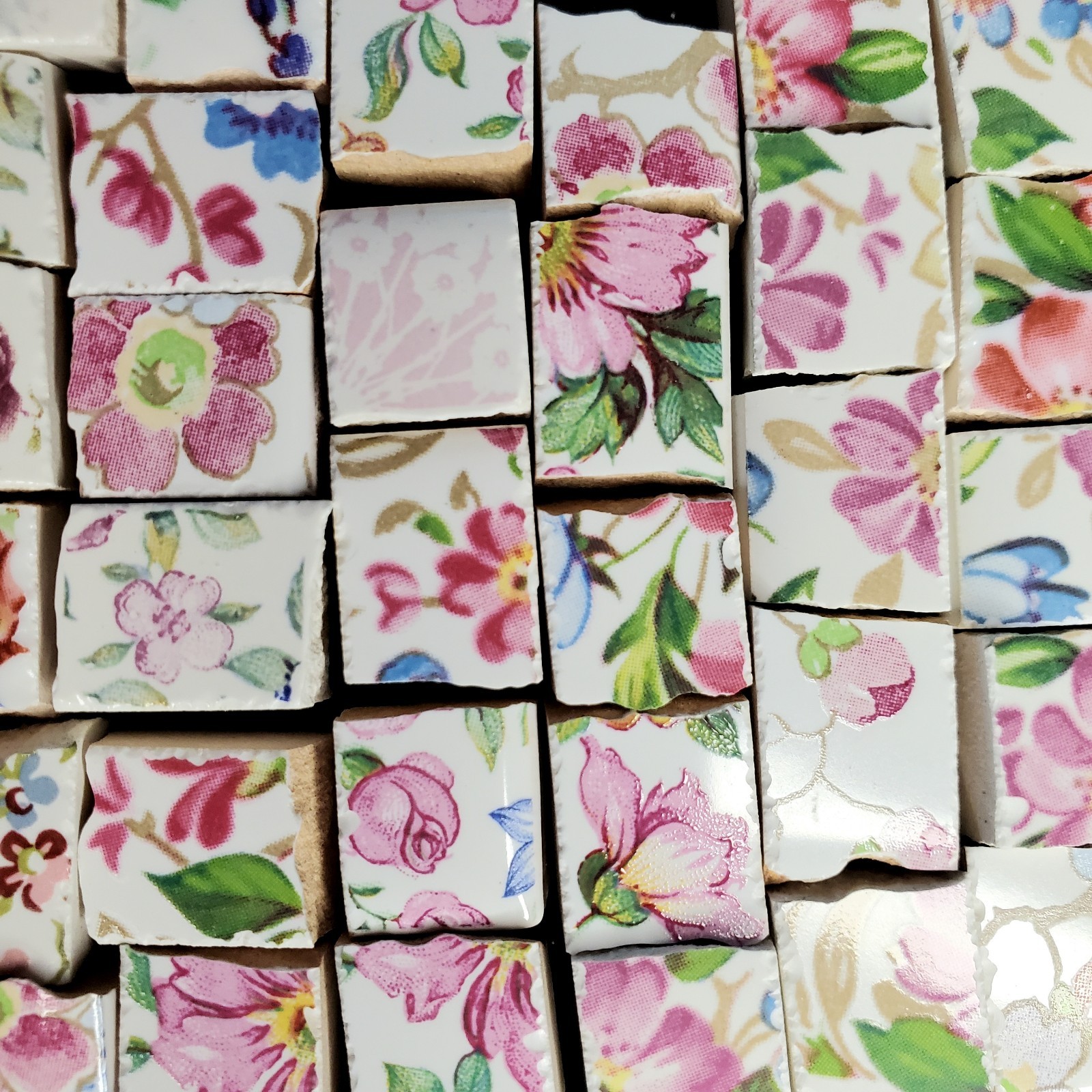 Pink Floral Mosaic Tile Lot, Bulk Ceramic Flower Tiles for Crafts