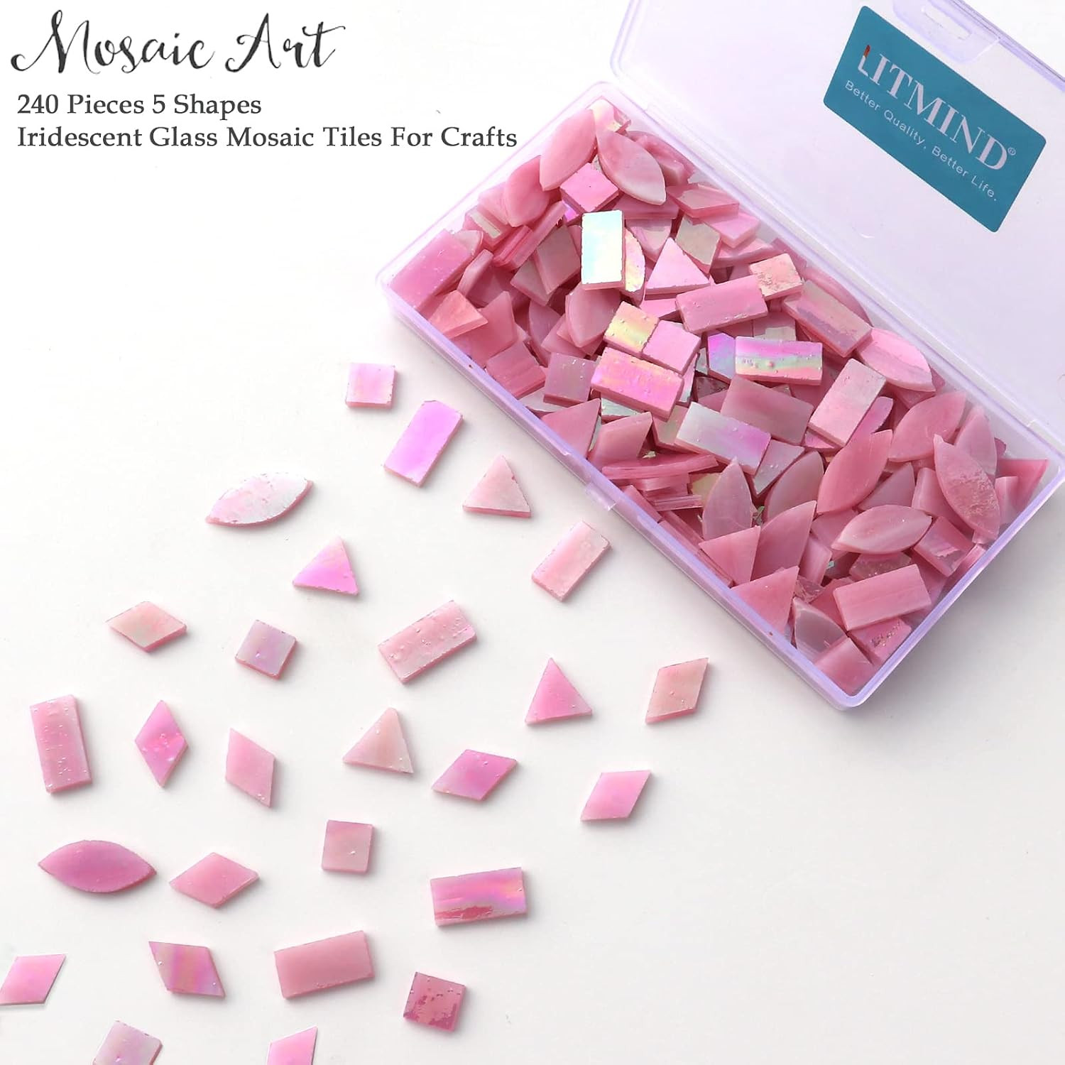 Iridescent Glass Mosaic Tiles for Crafts, 240 Pieces 5 Shapes Mixed