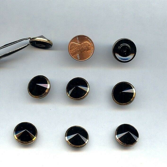 6 VINTAGE GLASS JET GOLD TRIM 18mm ROUND FACETED POINTED TOP DECO CABOCHONS d262