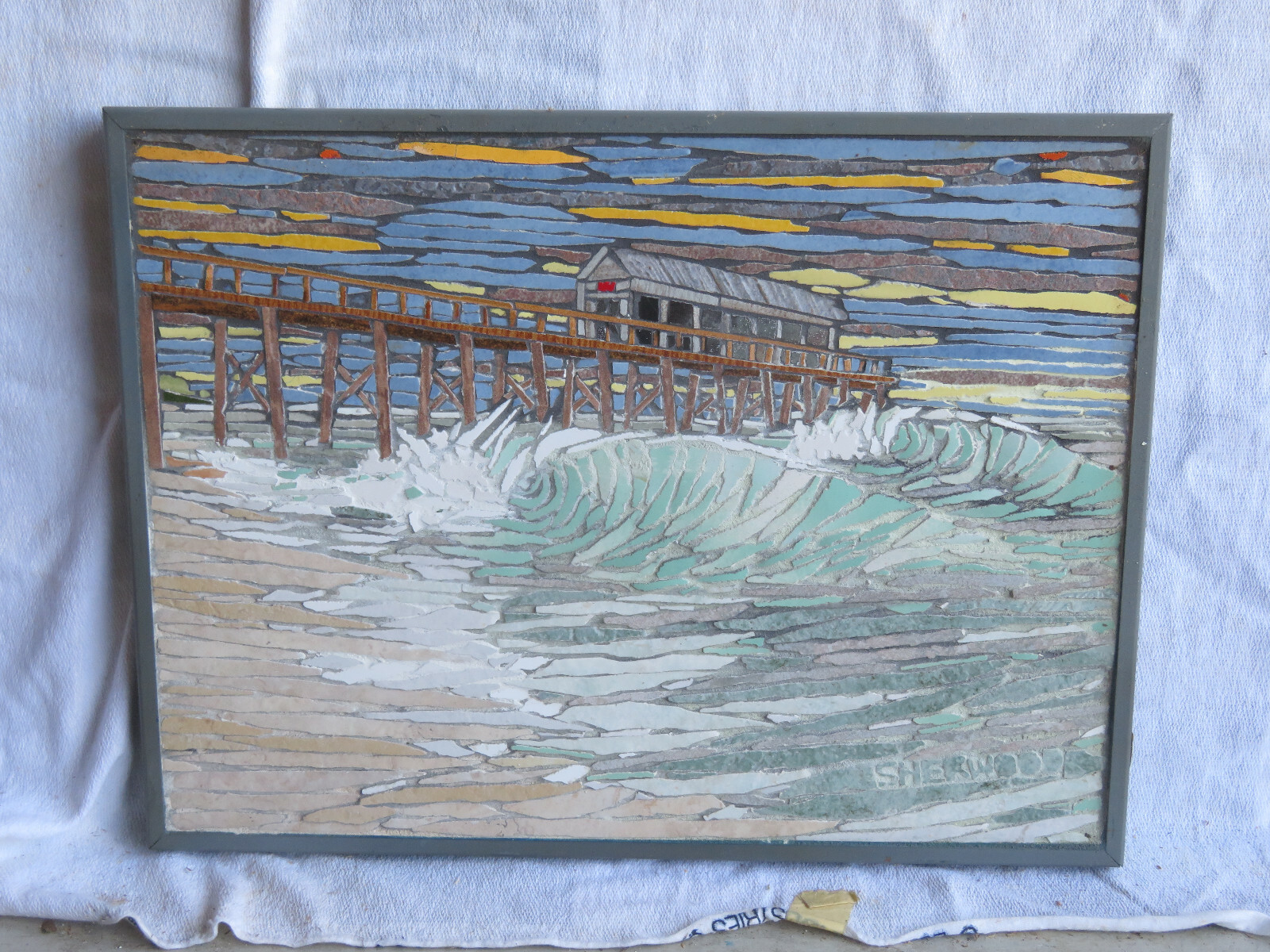 Original Custom one of a kind Tile Mosaic 24×18 Morning Surf break at the pier