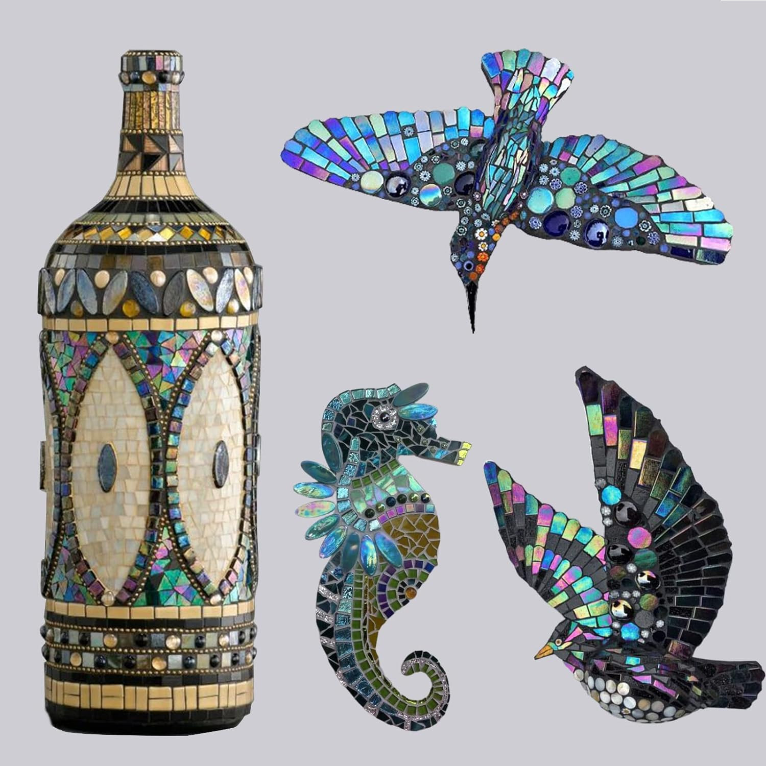 LITMIND Iridescent Glass Mosaic Tiles for Crafts, 240 Pieces 5 Shapes Mixed Stai