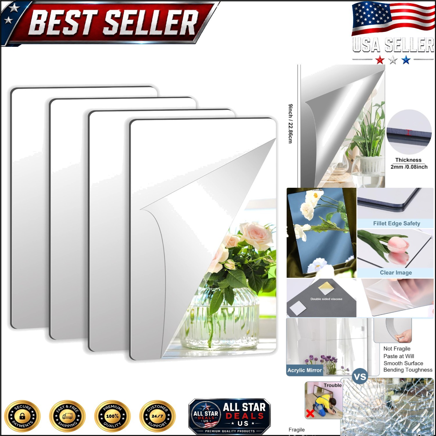 Reflective 4 Pack Acrylic Mirror Stickers – Minimalist Wall Decor, 2MM Thick
