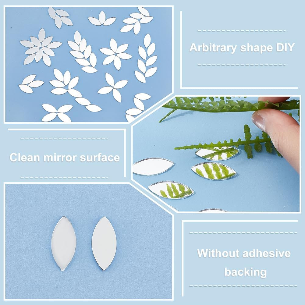 OLYCRAFT 150Pcs Leaf Shape Craft Mirrors Mosaic Tiles 11X25Mm Petal Mosaic Tiles