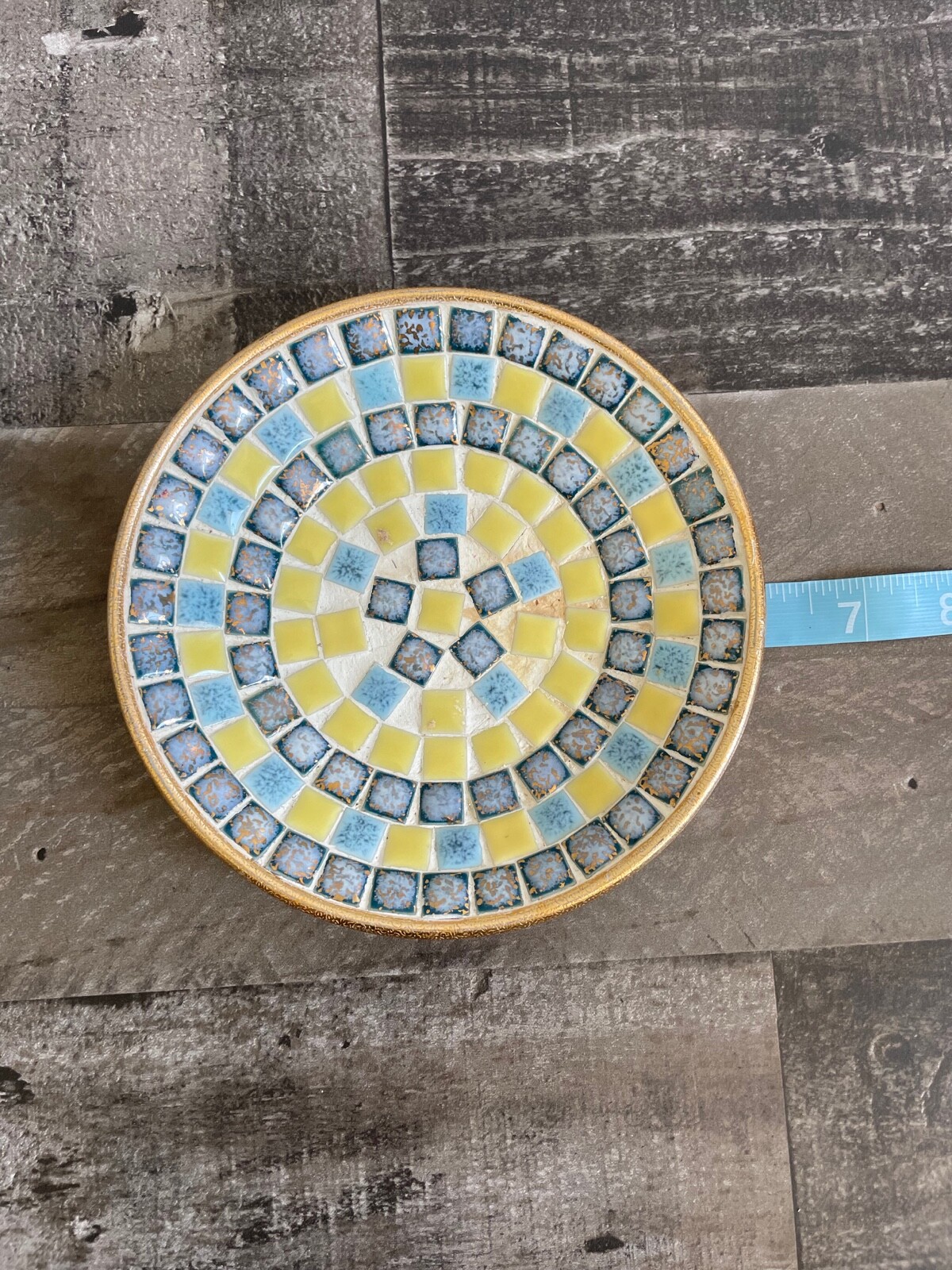 5 3/4″ Vintage Round Mid Century Mosaic Tile Outdoor Ashtray Gold Aluminum