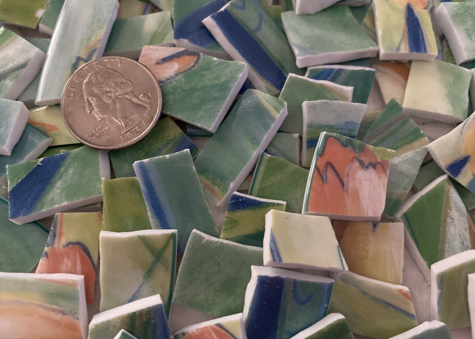 Sea Foam Green Porcelain Hand-cut Tiles, 200+ 1/4”x 1/4” To 1” X 3/4”