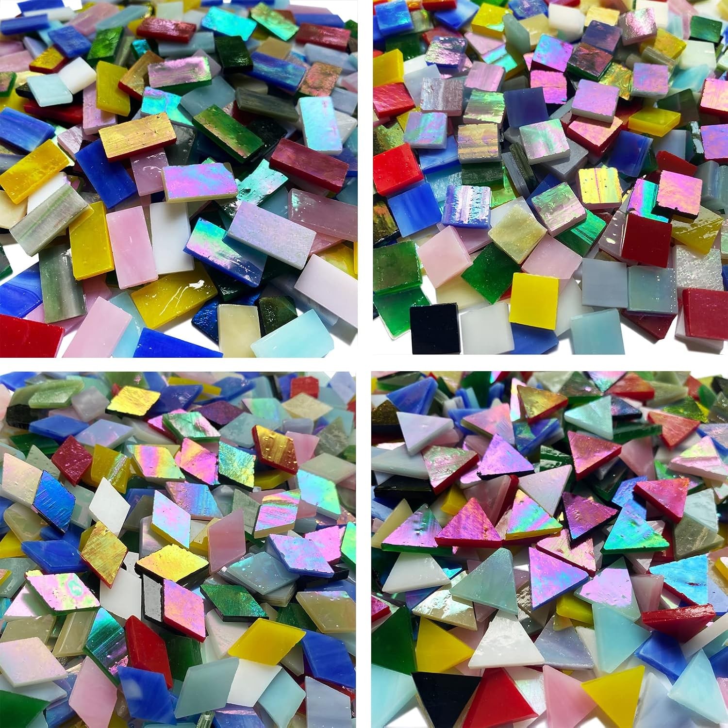 510 Pieces Iridescent Glass Mosaic Tiles for Crafts, Mixed 4 Shapes Colorful Sta