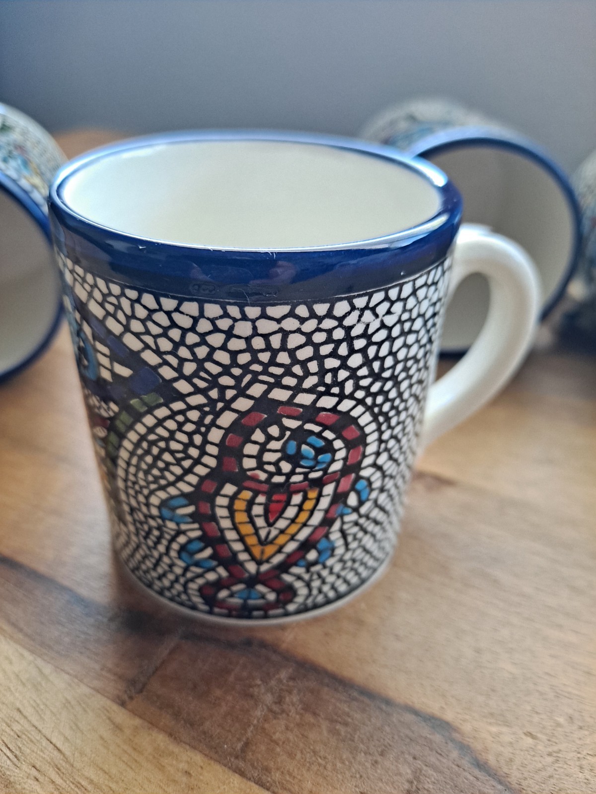 Holy Land Mosaic Mugs unique set of 4 ceramic Blue Colorful Religious