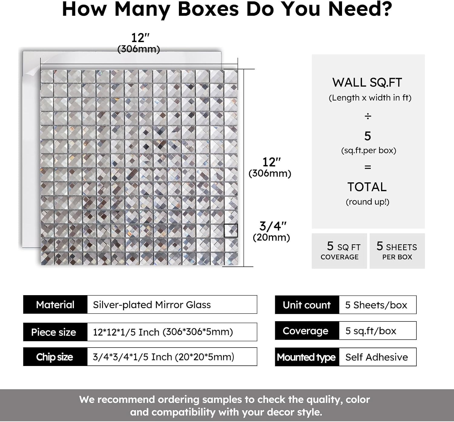 Crystal Diamond Mirror Tile – Peel and Stick, 5 Sheets