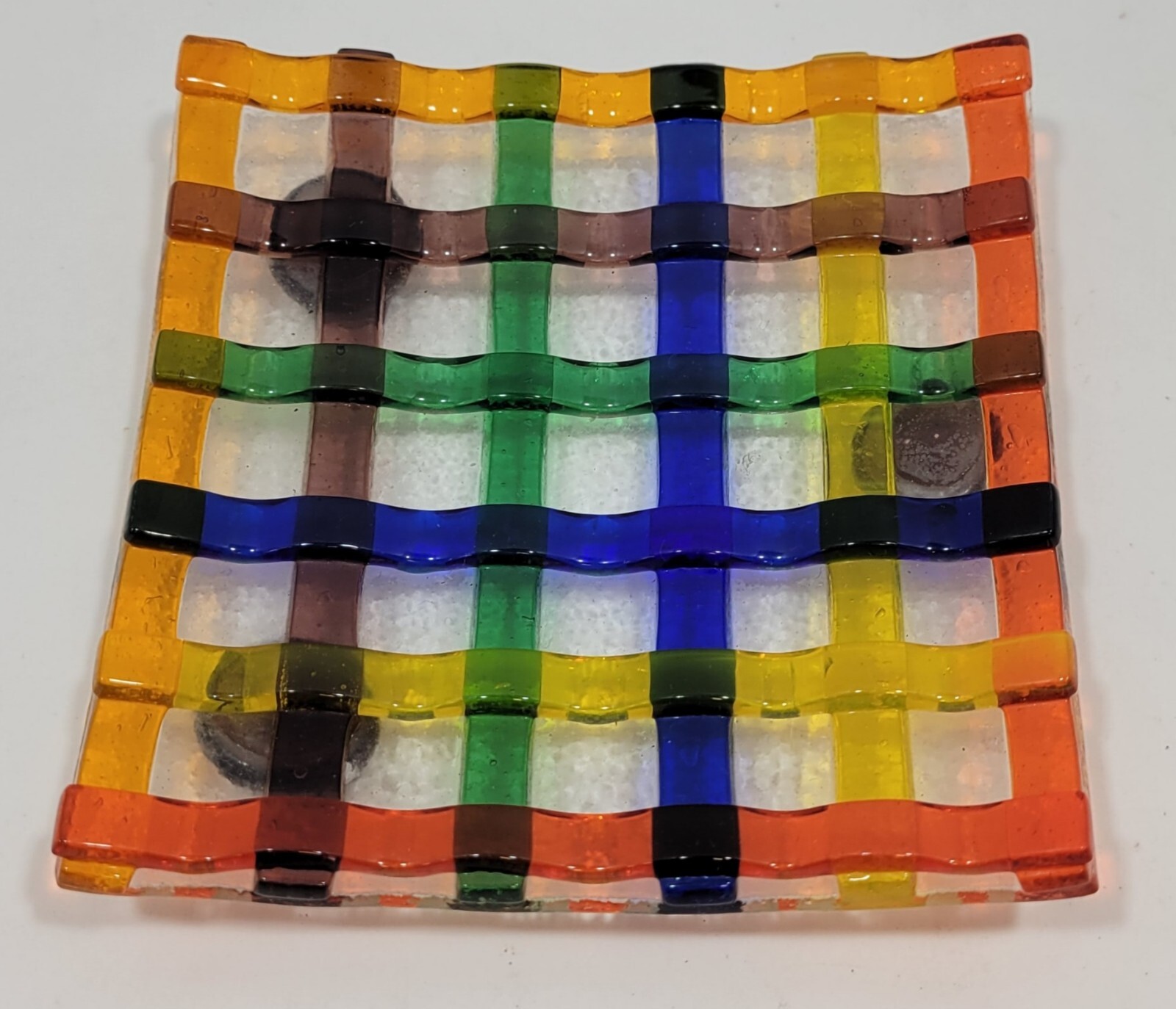 4×4″ Decorative Tray Fused Art Glass Colorful Woven Pattern