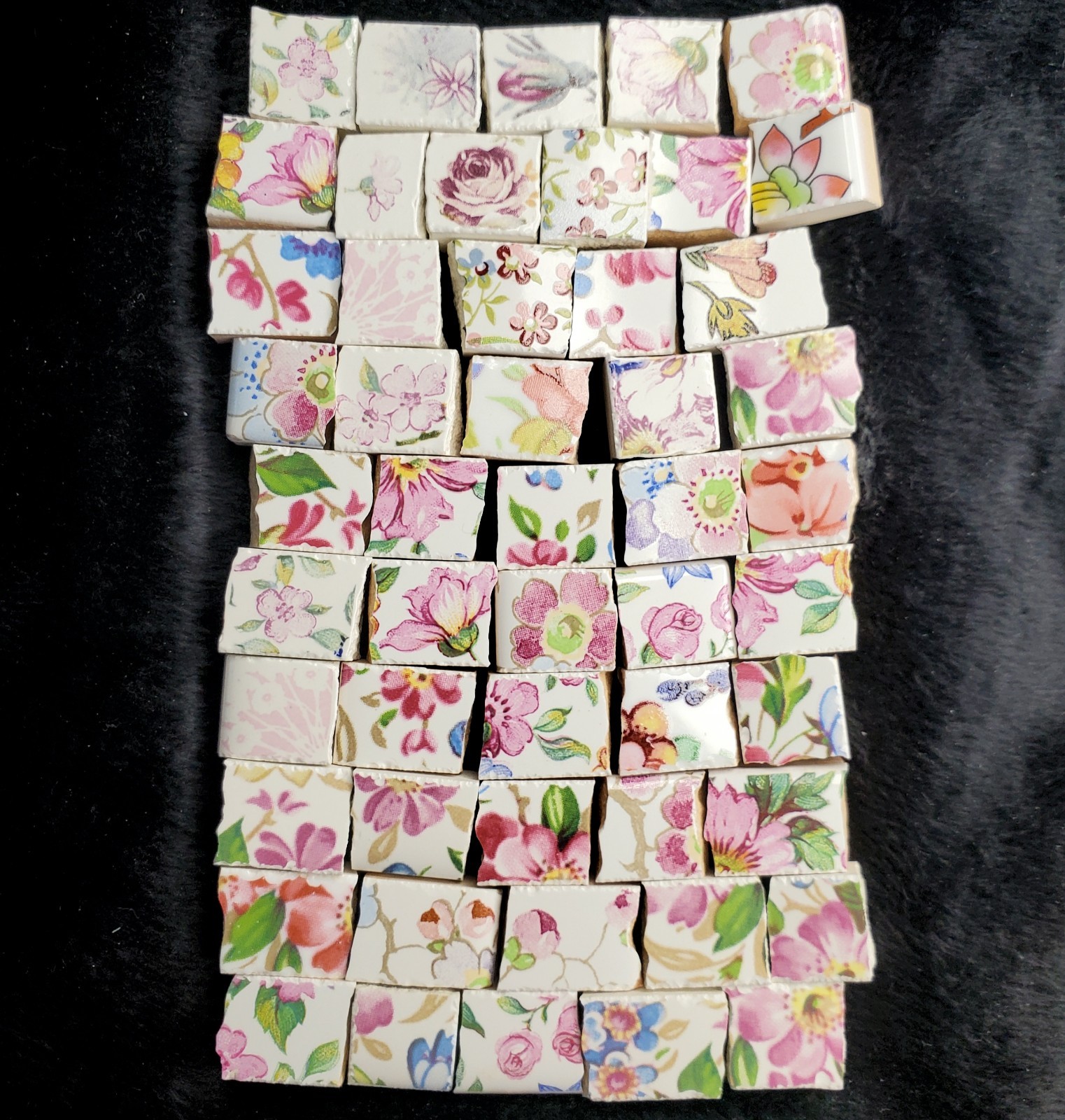 Pink Floral Mosaic Tile Lot, Bulk Ceramic Flower Tiles for Crafts