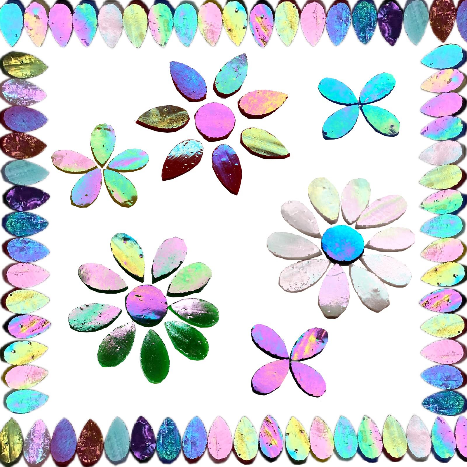 120 Pcs Iridescent Mixed Colors Petals Mosaic Tiles for Crafts, Hand Cut Stained