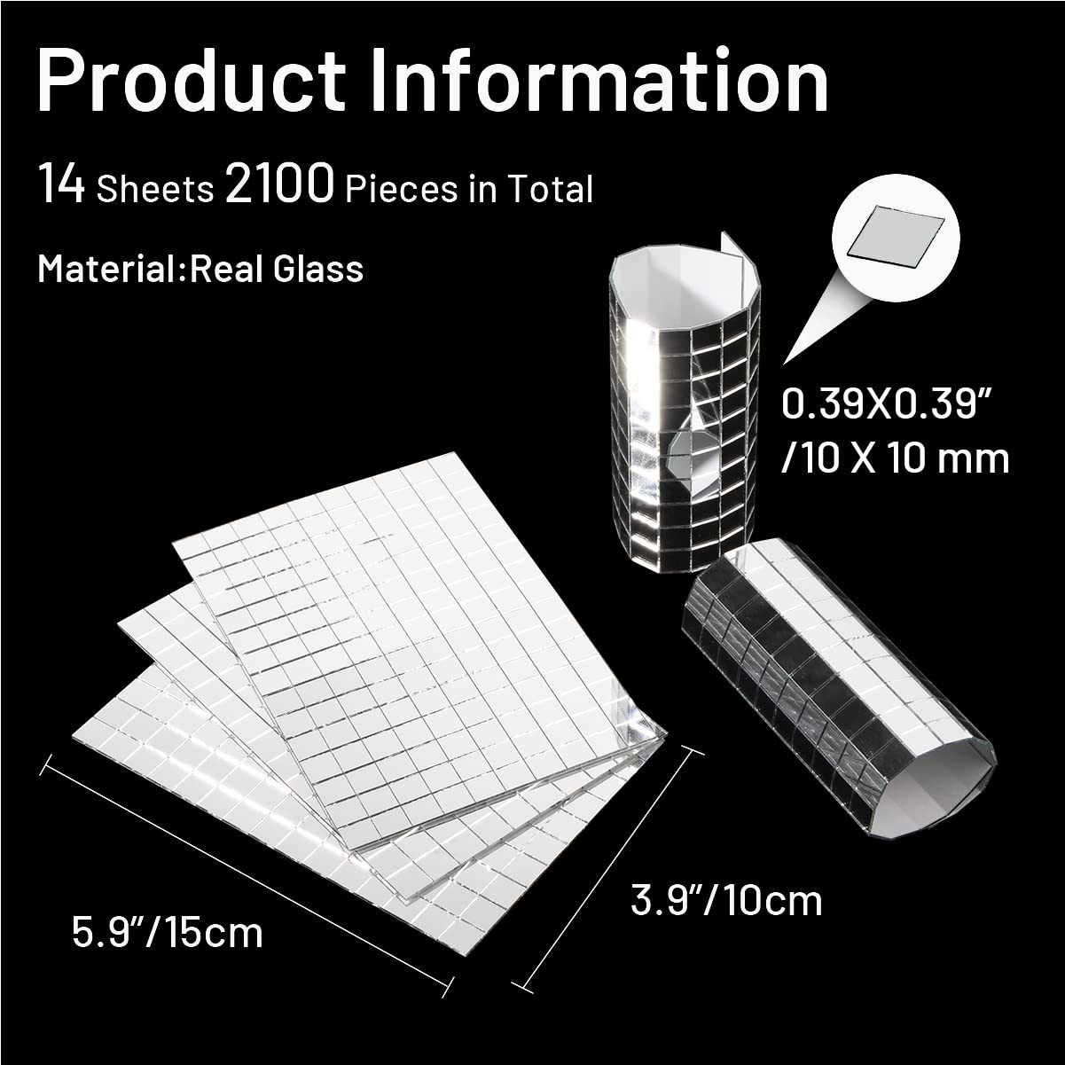 2100 PCS Self-Adhesive Mirror Mosaic Tiles, 10mm Disco Ball Craft Decor, Silver