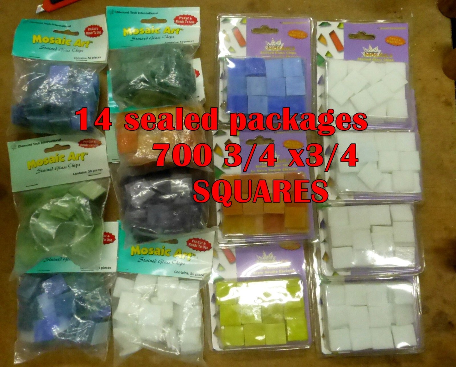 14 PACKAGES 700 SQUARES STAINED GLASS MOSAIC ART & JENNIFER’S PRE-CUT gqqs