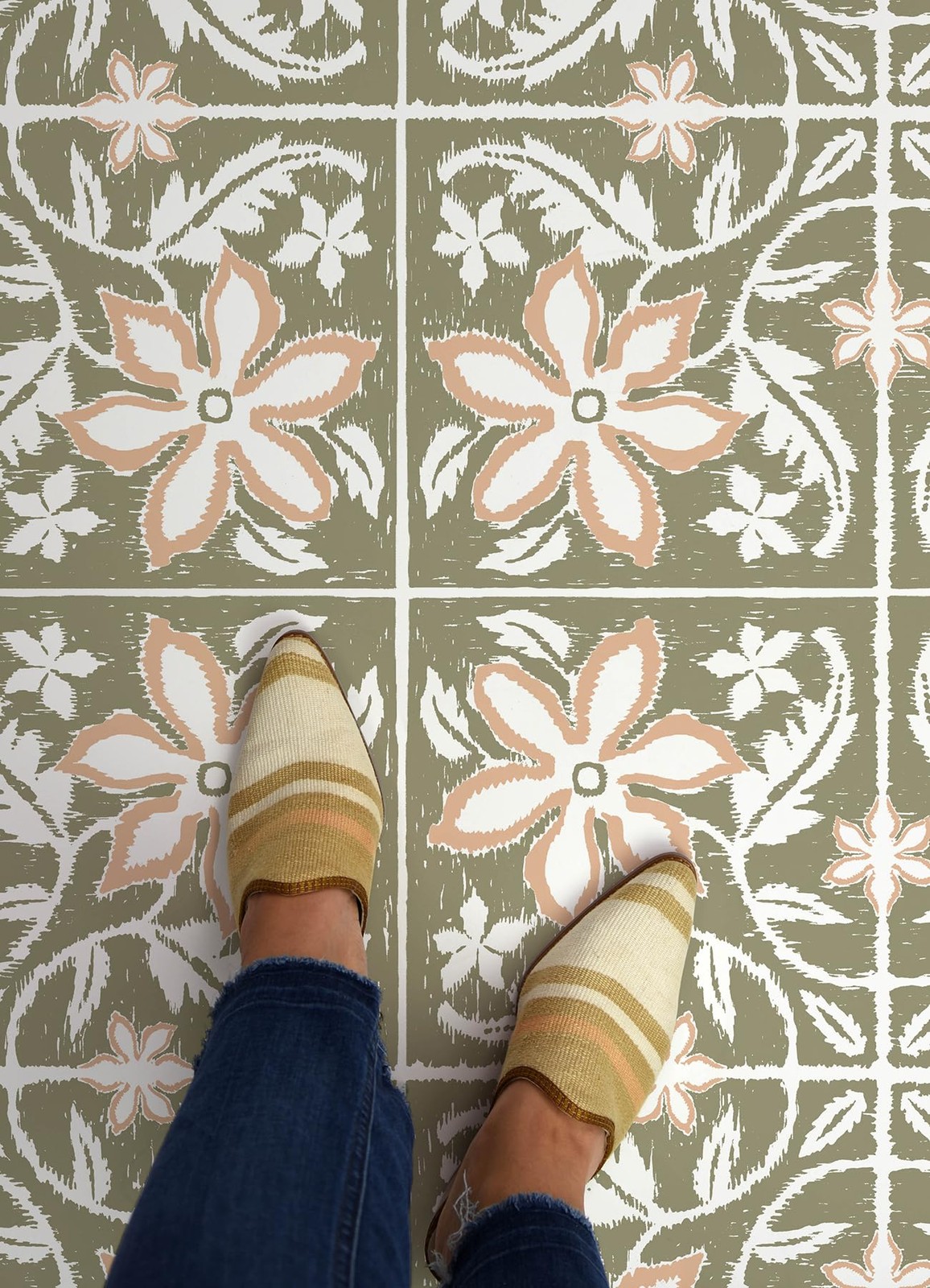 Lillium Green Peel And Stick Floor Tiles Floral Removable Vinyl Flooring
